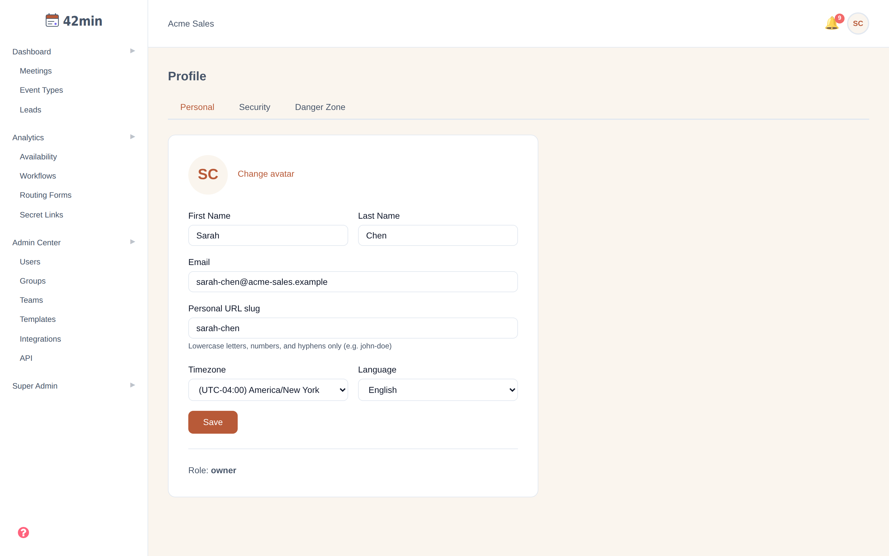 The Personal tab of the Profile page in the 42min dashboard, with name, email, public URL slug, time zone, language, and avatar fields