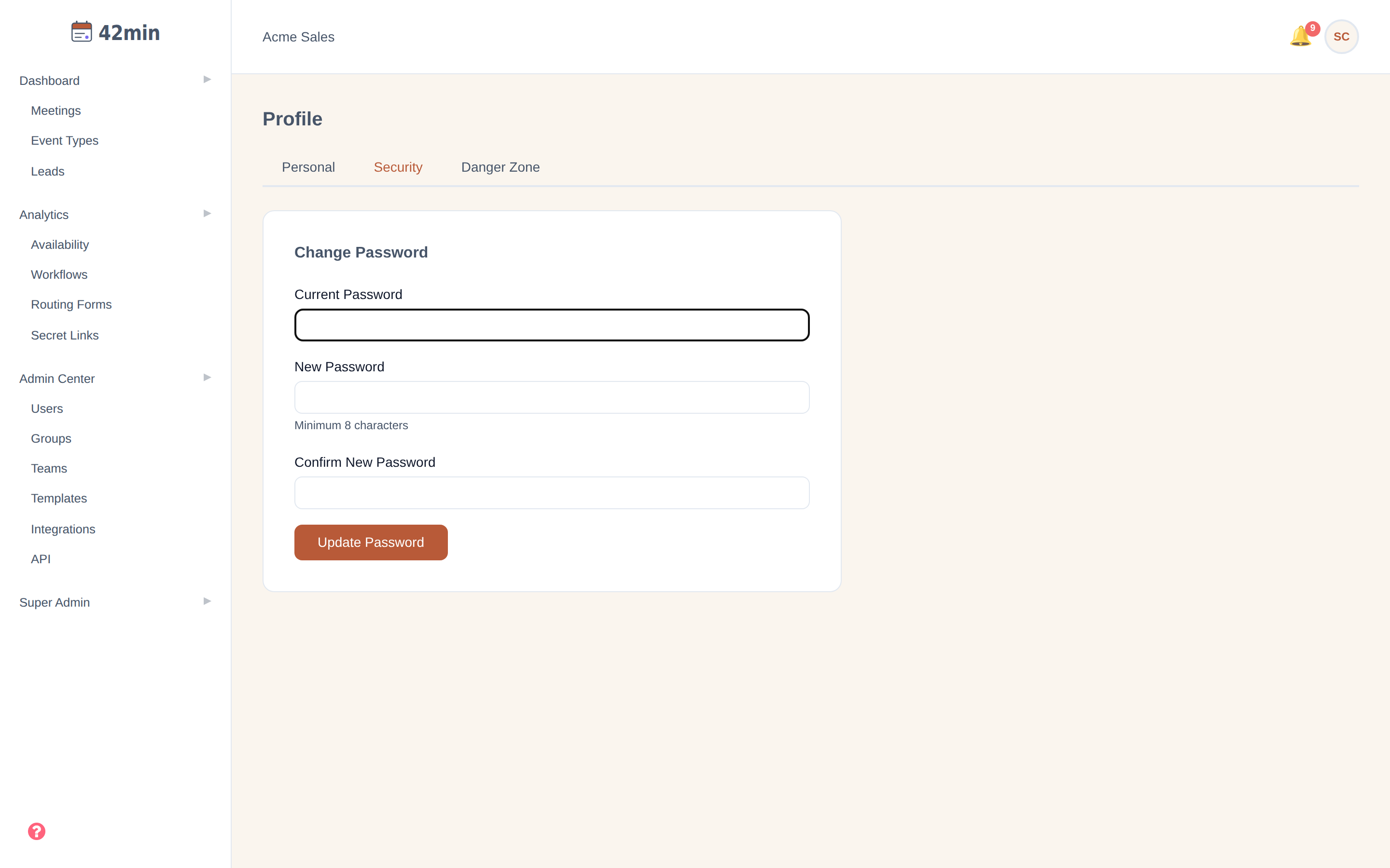 The Security tab of the 42min Profile page, showing a 'Change Password' card with Current Password, New Password (minimum 8 characters), and Confirm New Password fields and an 'Update Password' button
