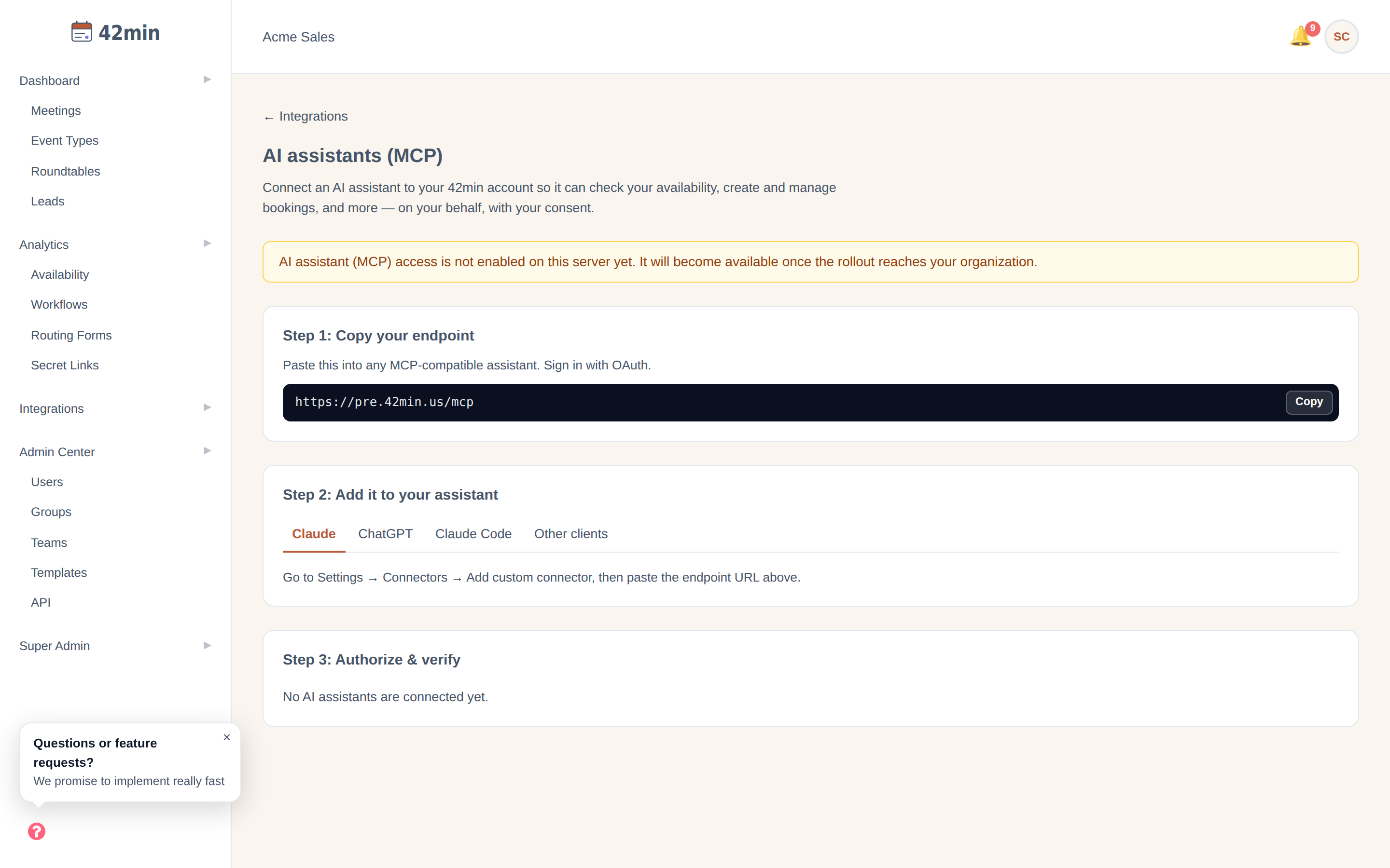The AI assistants (MCP) page in the 42min dashboard, showing the endpoint URL with a copy button, setup tabs for Claude, ChatGPT, Claude Code and other clients, and the connected-assistants list