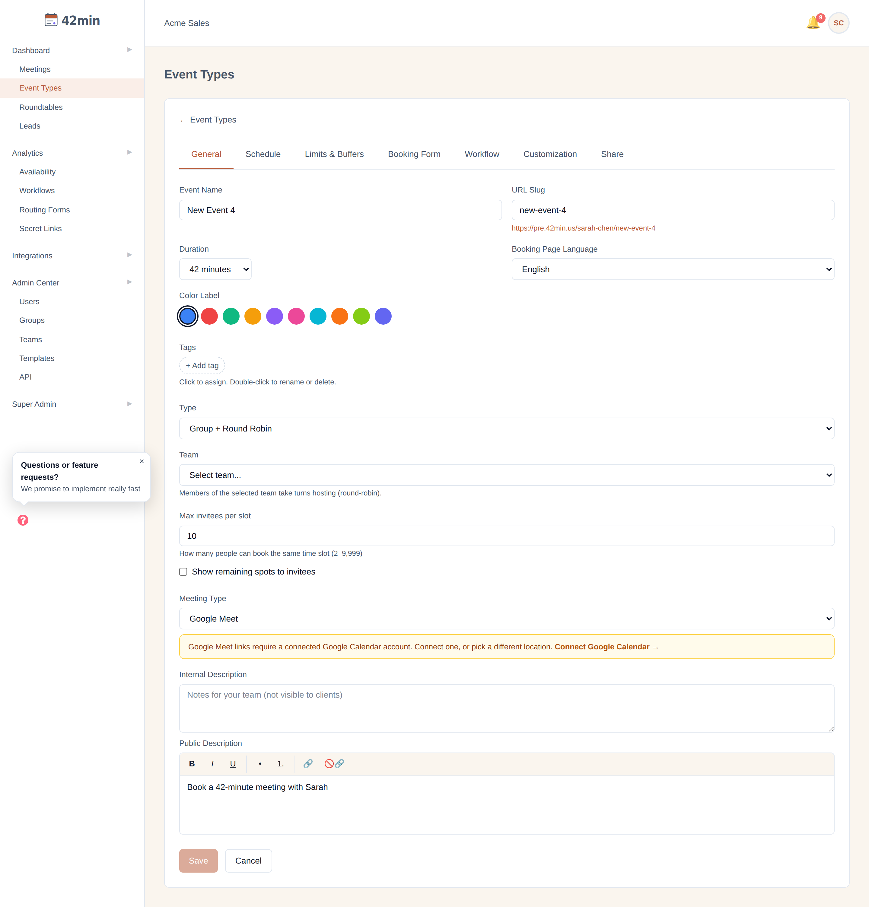 The 42min event-type editor with Type set to 'Group + Round Robin', showing the Team dropdown and the 'Max invitees per slot' field with 'Show remaining spots to invitees'