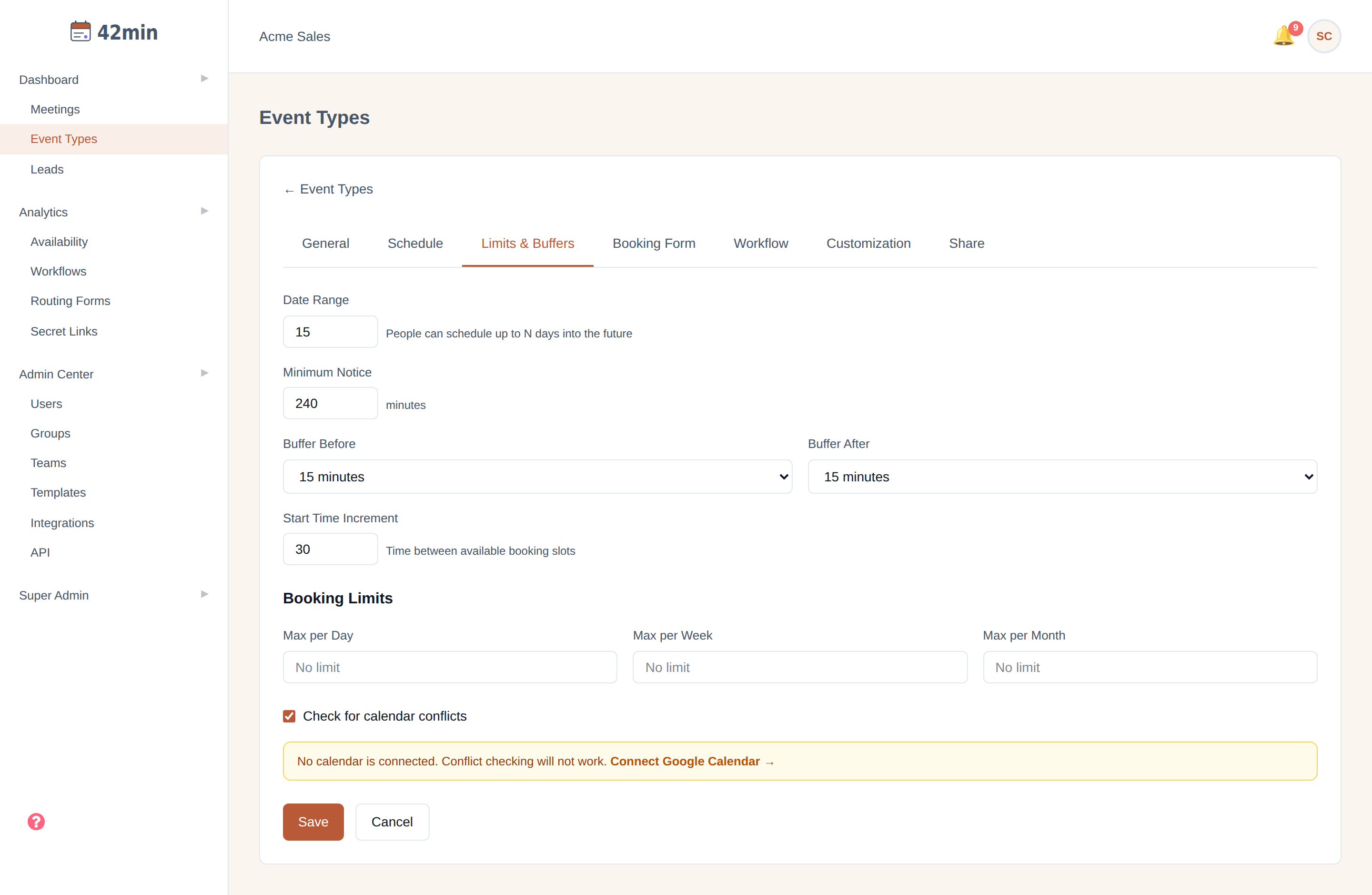 The Limits & Buffers tab of the 42min event-type editor: Date Range, Minimum Notice, Buffer Before, Buffer After, Start Time Increment, and Booking Limits (max per day / week / month)