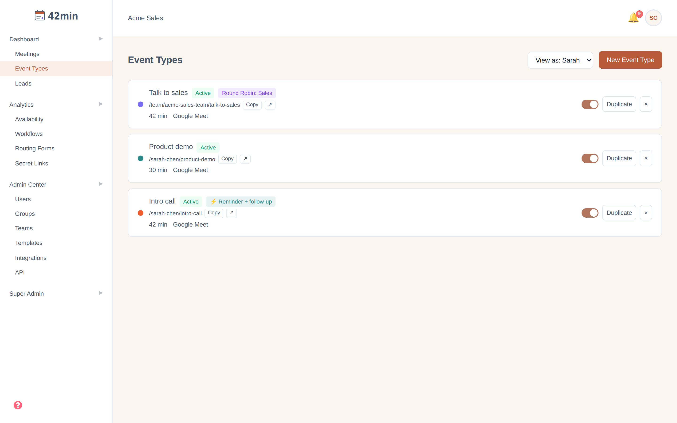 The Event Types page in the 42min dashboard, showing a round-robin 'Talk to sales' event type and two one-on-one event types
