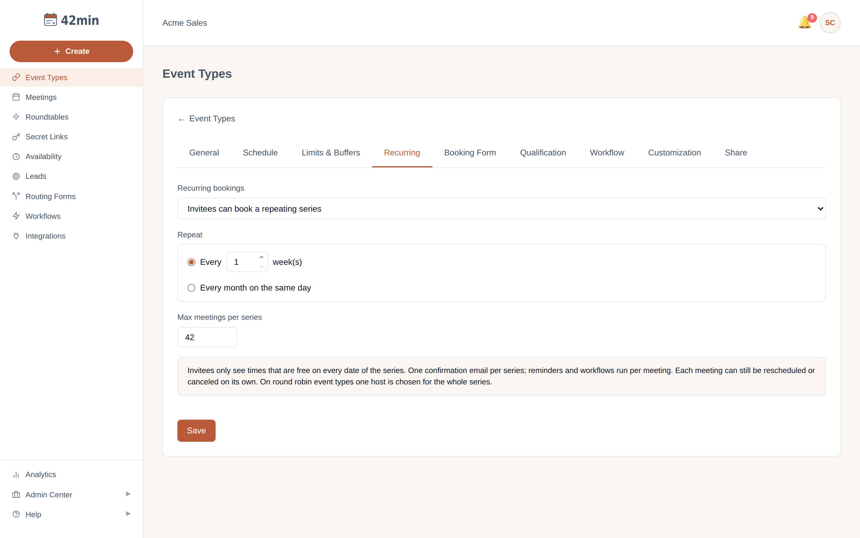 The Recurring tab of the 42min event-type editor with Recurring bookings set to 'Invitees can book a repeating series', showing the Repeat options (Every 1 week(s), or Every month on the same day), Max meetings per series set to 42, and a note on how a series behaves