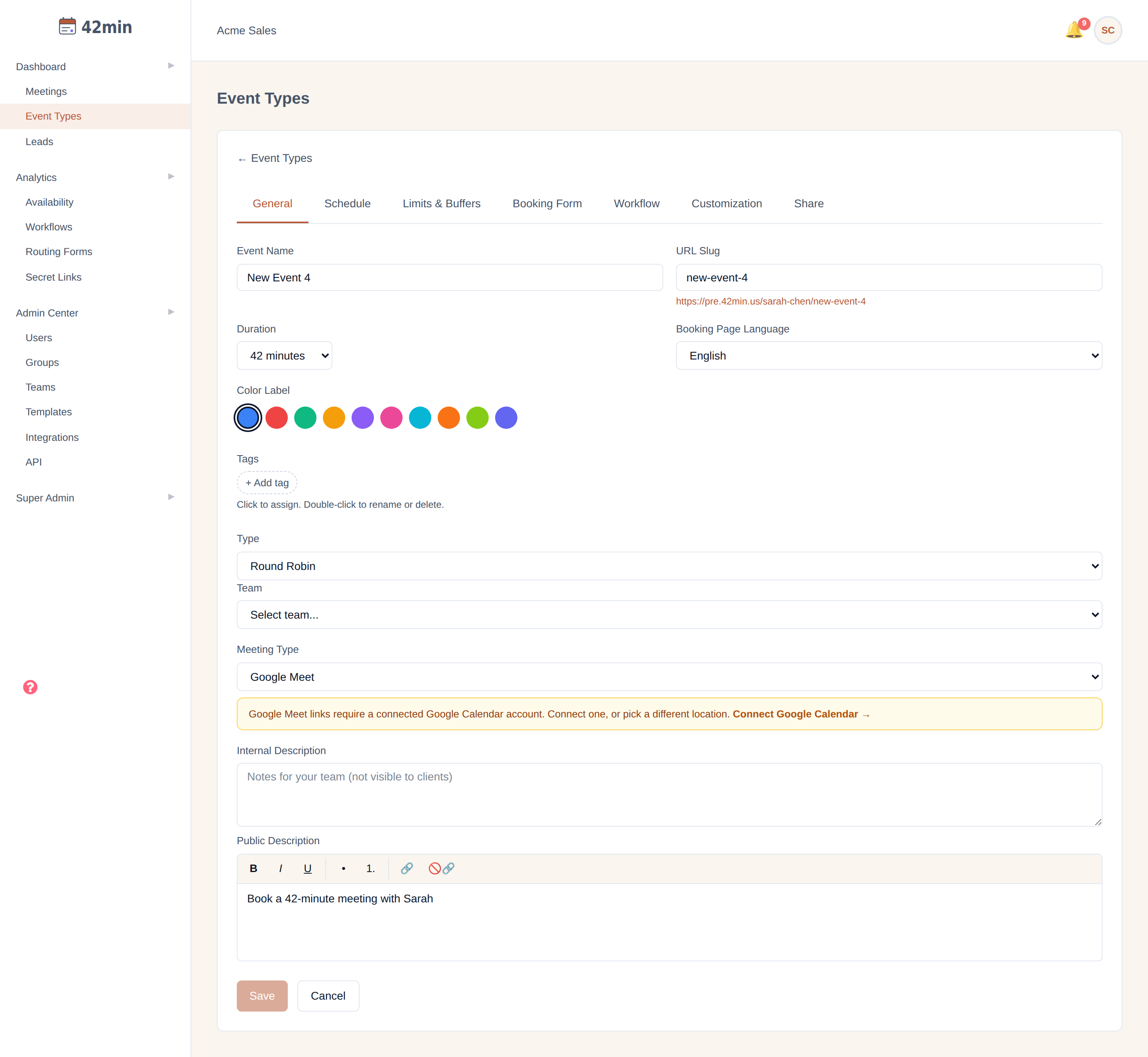 The 42min event-type editor with Type set to 'Round Robin', showing a 'Team' dropdown ('Select team...') that appears once the round-robin type is chosen