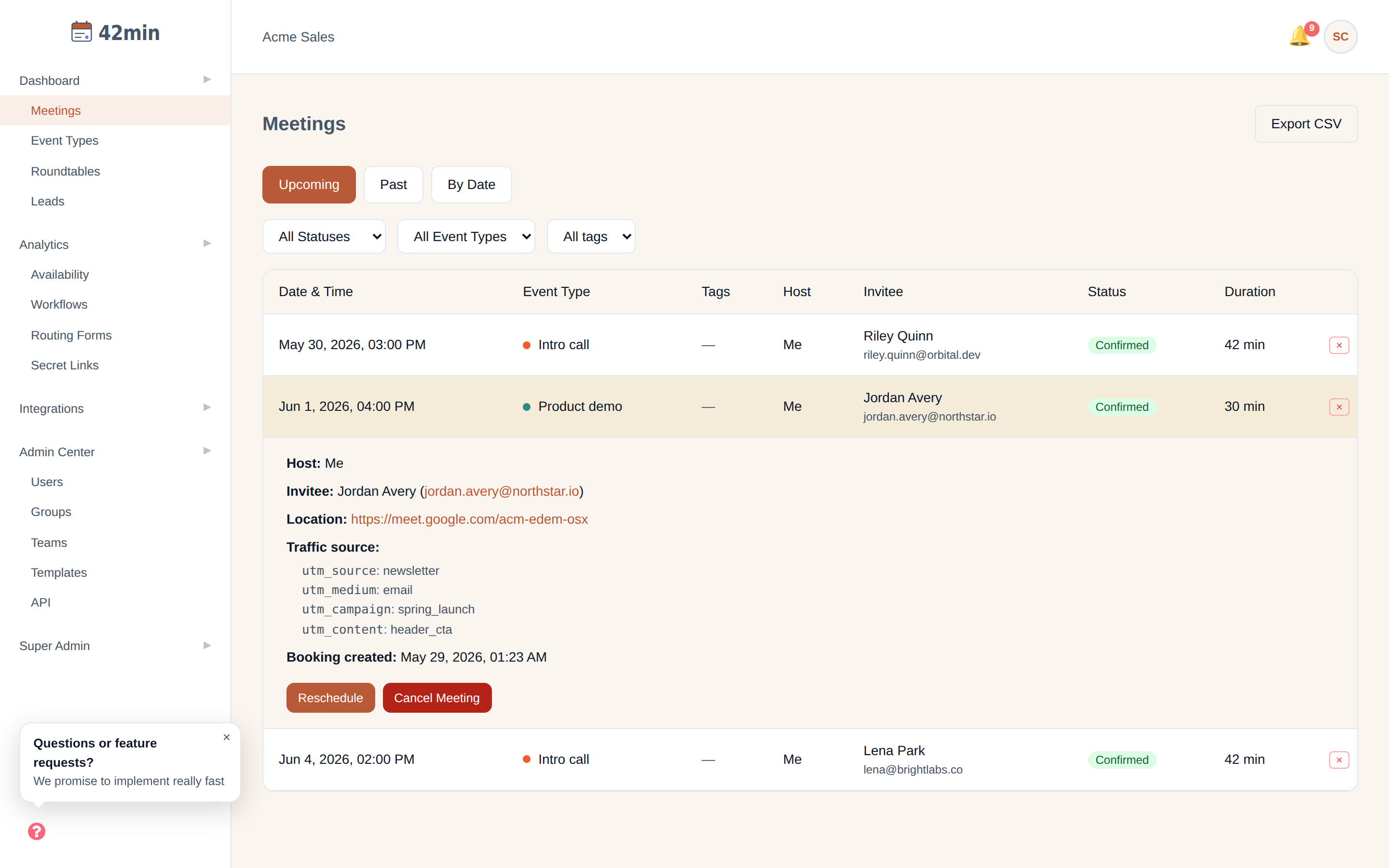 An expanded meeting in the 42min Meetings list showing a 'Traffic source' section that lists utm_source, utm_medium, utm_campaign, and utm_content with their captured values