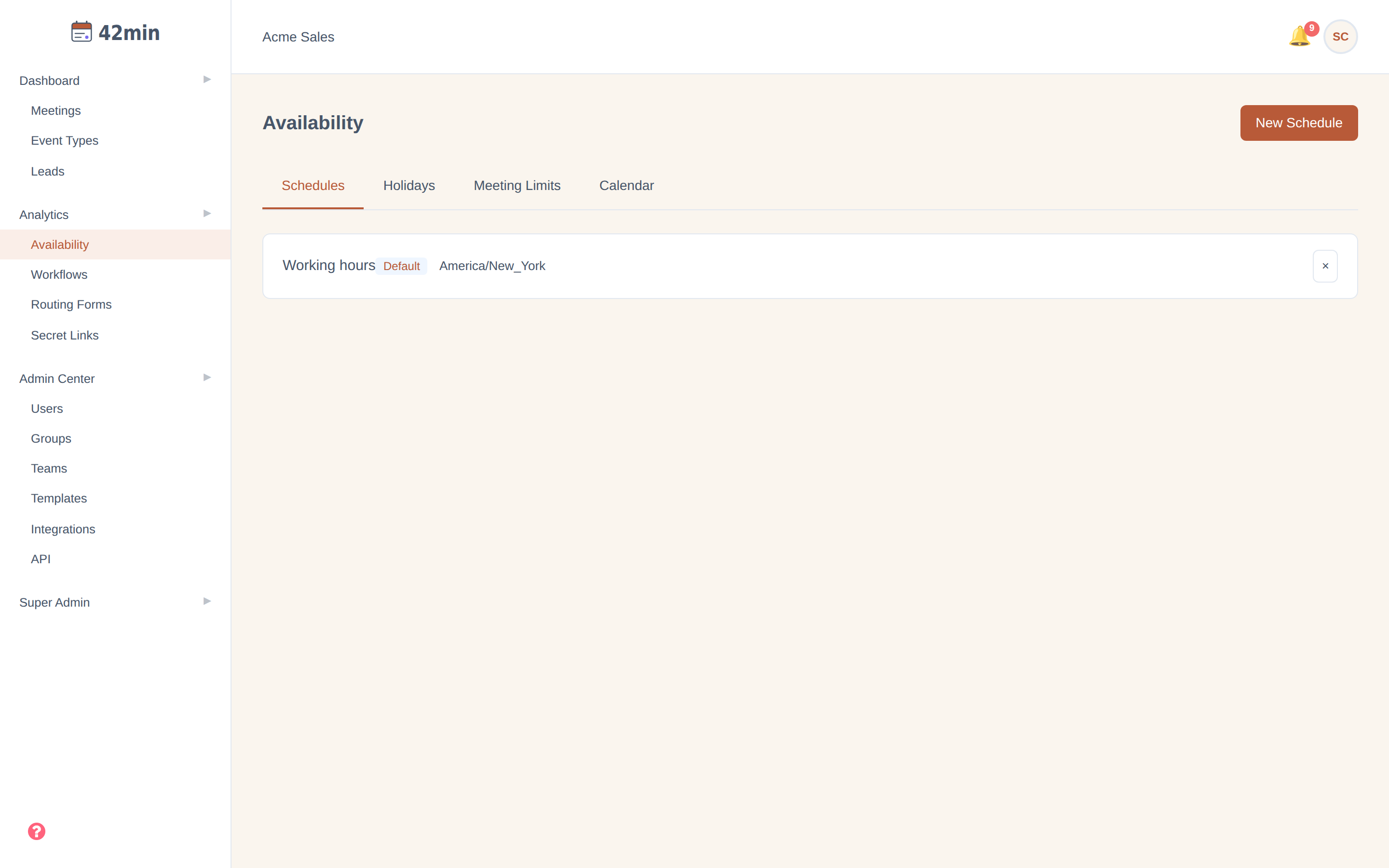 The Availability page in the 42min dashboard, with the Schedules / Holidays / Meeting Limits / Calendar tabs and a weekly schedule