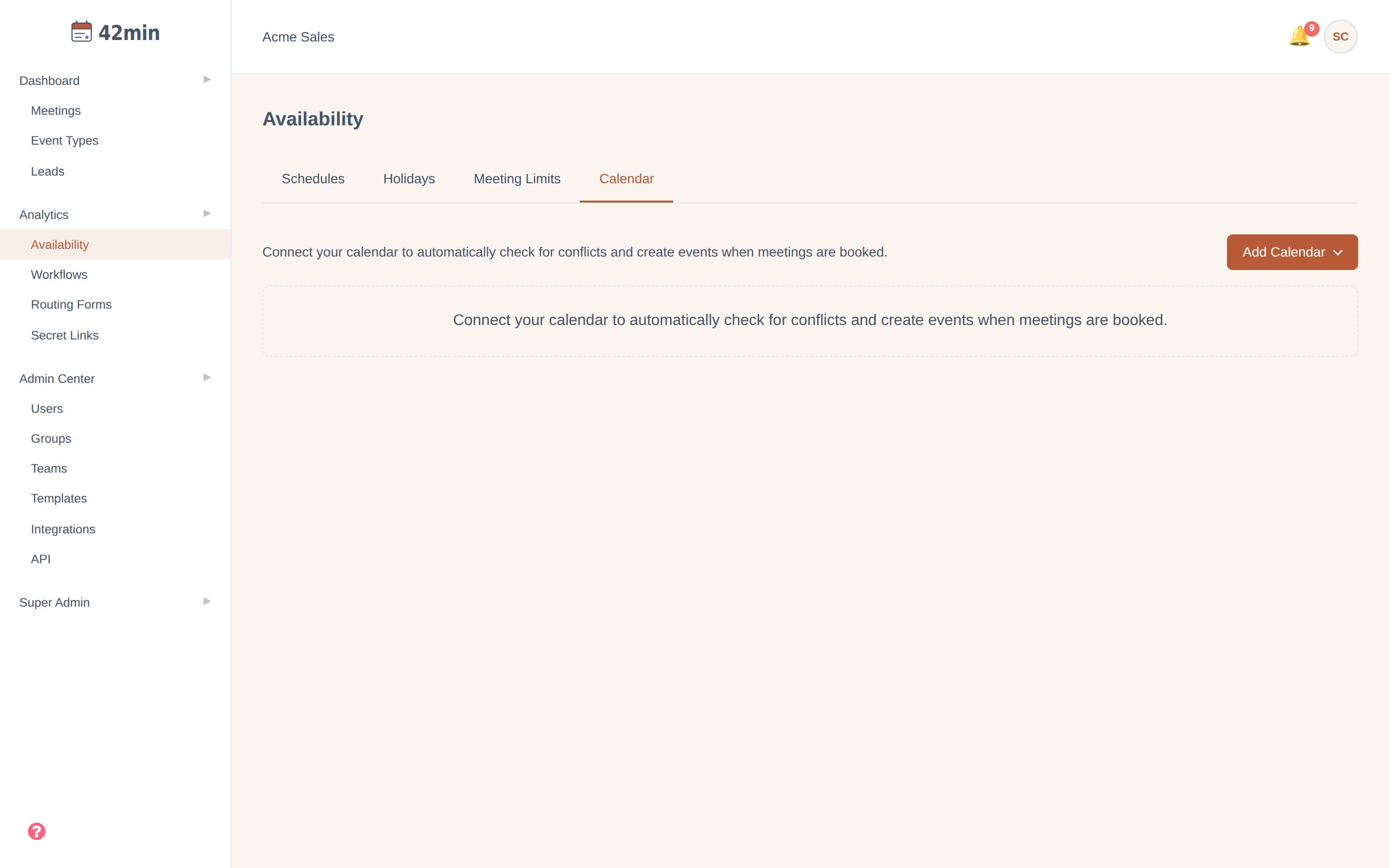 The Calendar tab of the Availability page in the 42min dashboard, with an 'Add Calendar' button