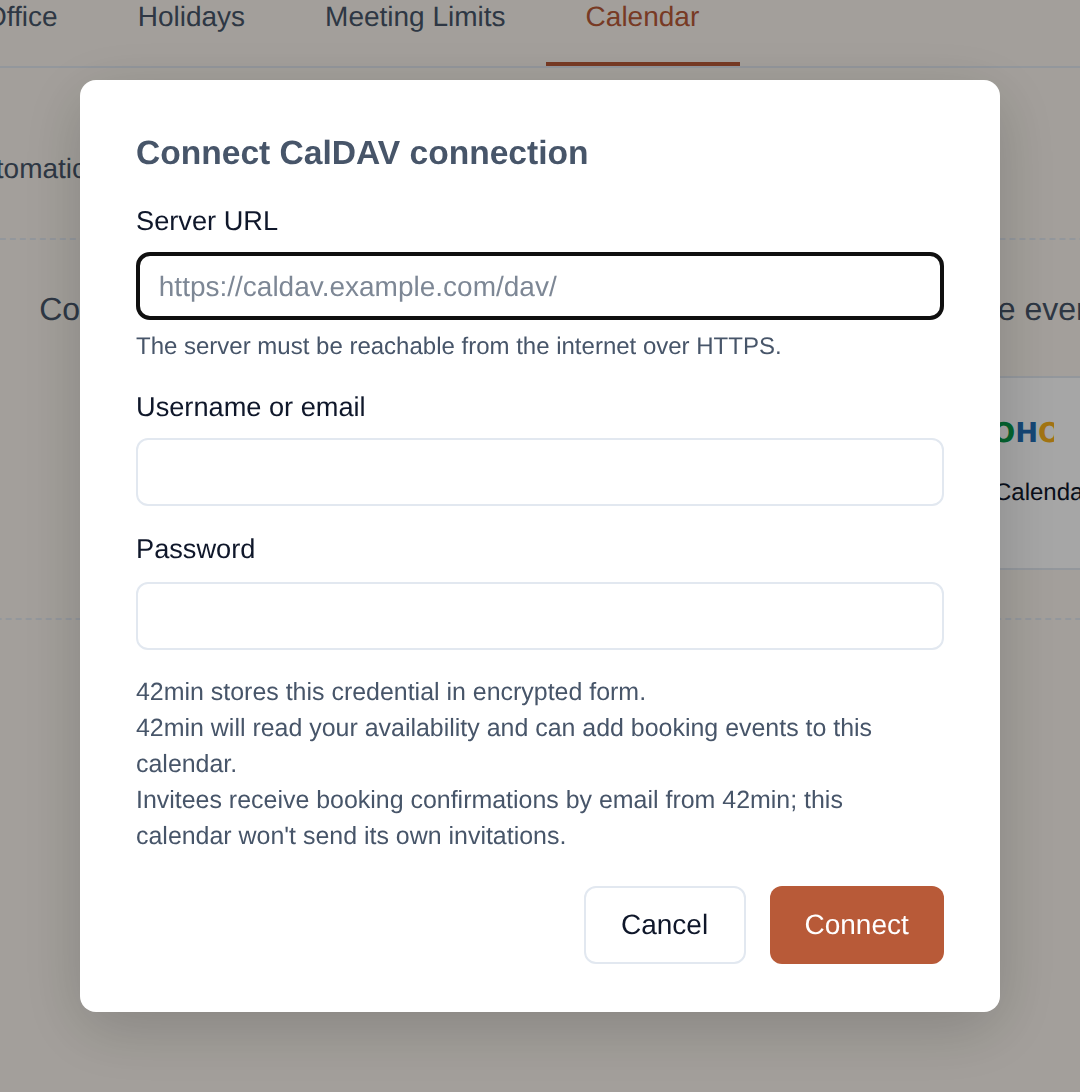 The 'Connect CalDAV connection' dialog in the 42min dashboard, with Server URL, Username or email, and Password fields