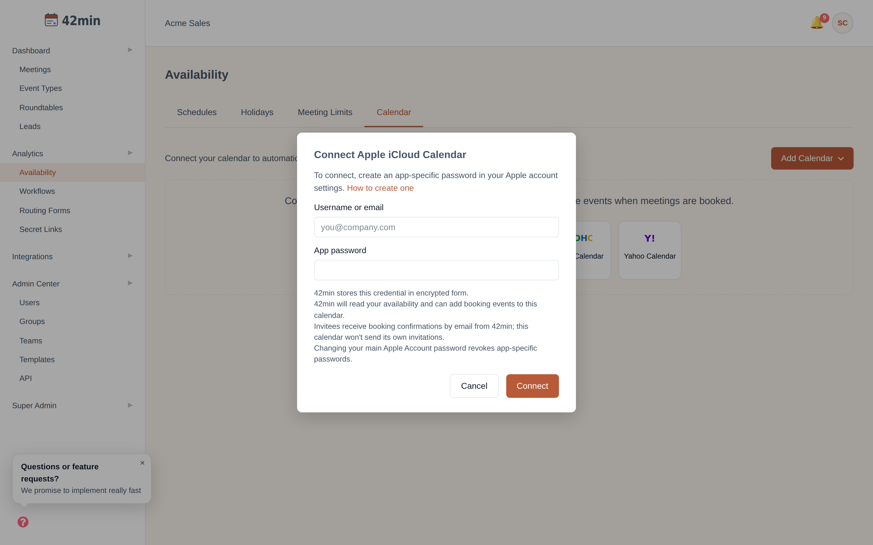 The 'Connect Apple iCloud Calendar' dialog in the 42min dashboard, with Username or email and App password fields