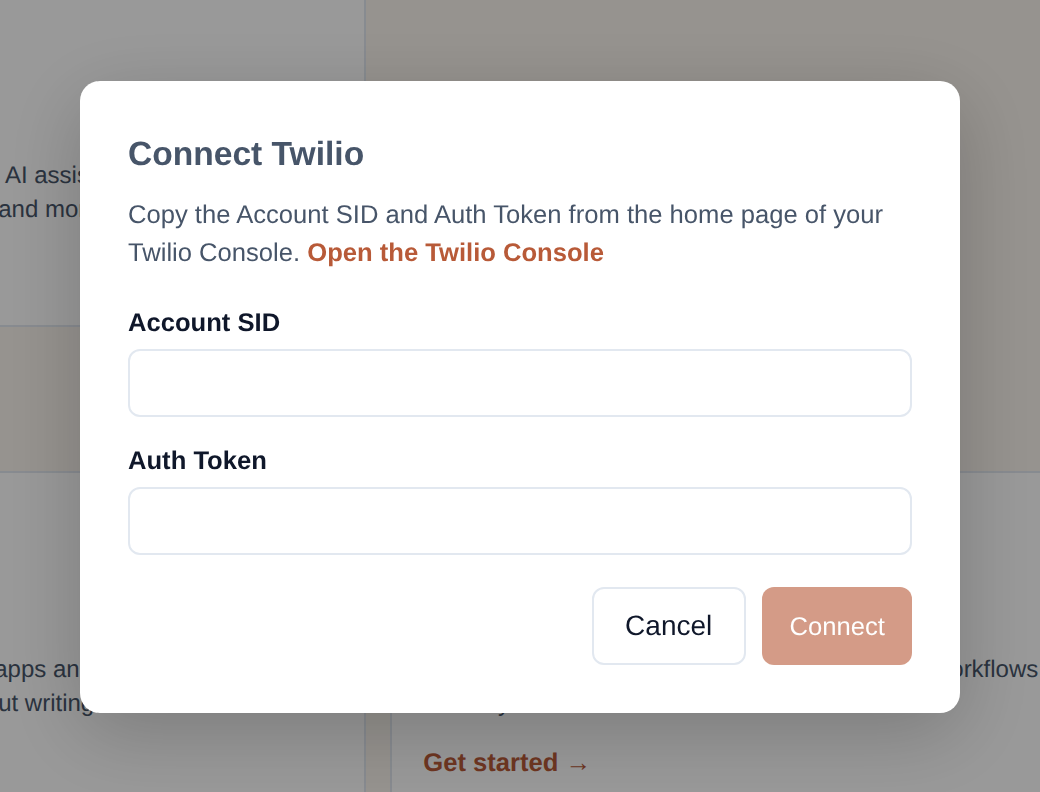 The Connect Twilio window: a hint with an 'Open the Twilio Console' link, Account SID and Auth Token fields, and Cancel and Connect buttons