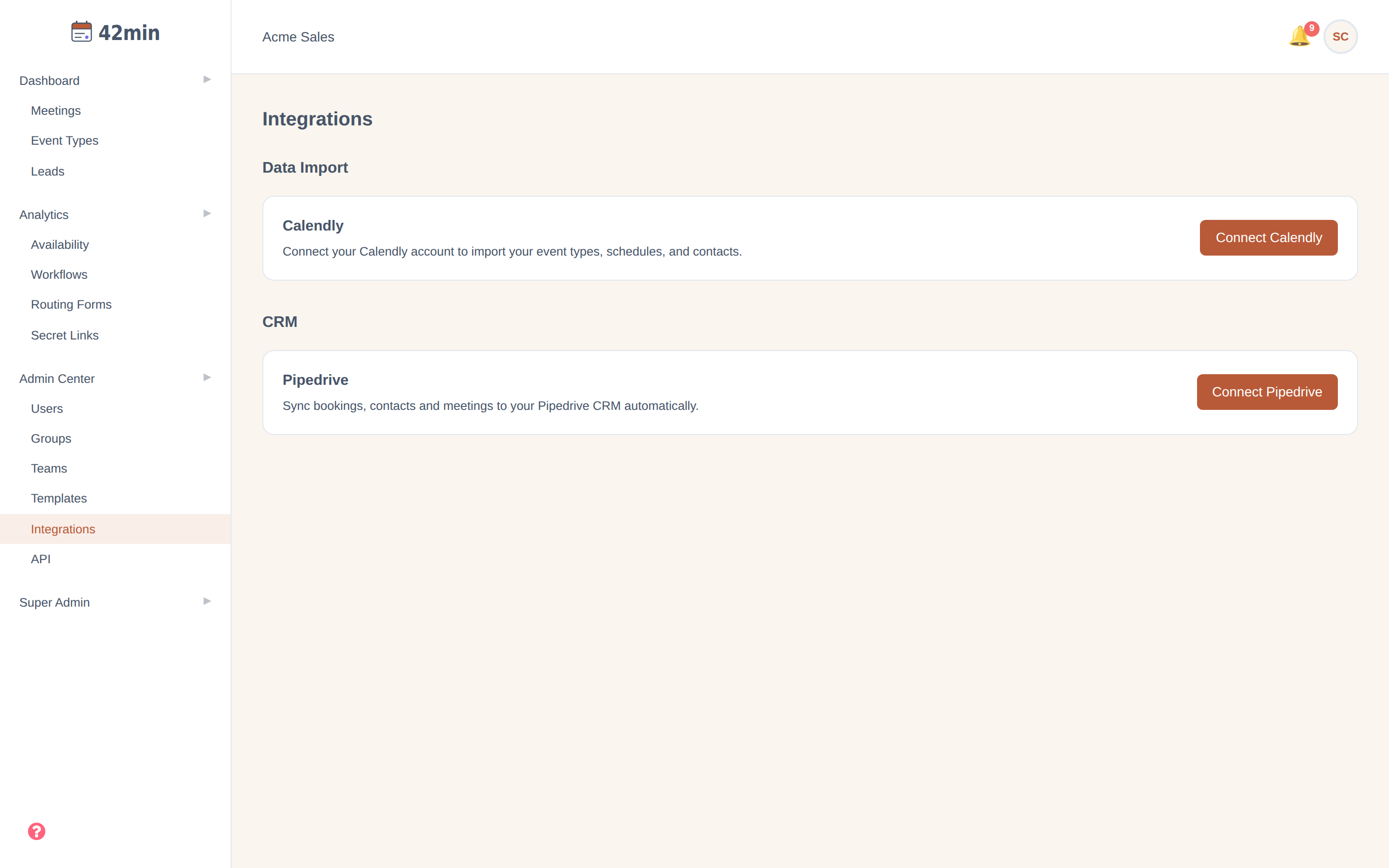 The Integrations page in the 42min dashboard, with a Pipedrive 'Connect Pipedrive' card under CRM and a Calendly card under Data Import