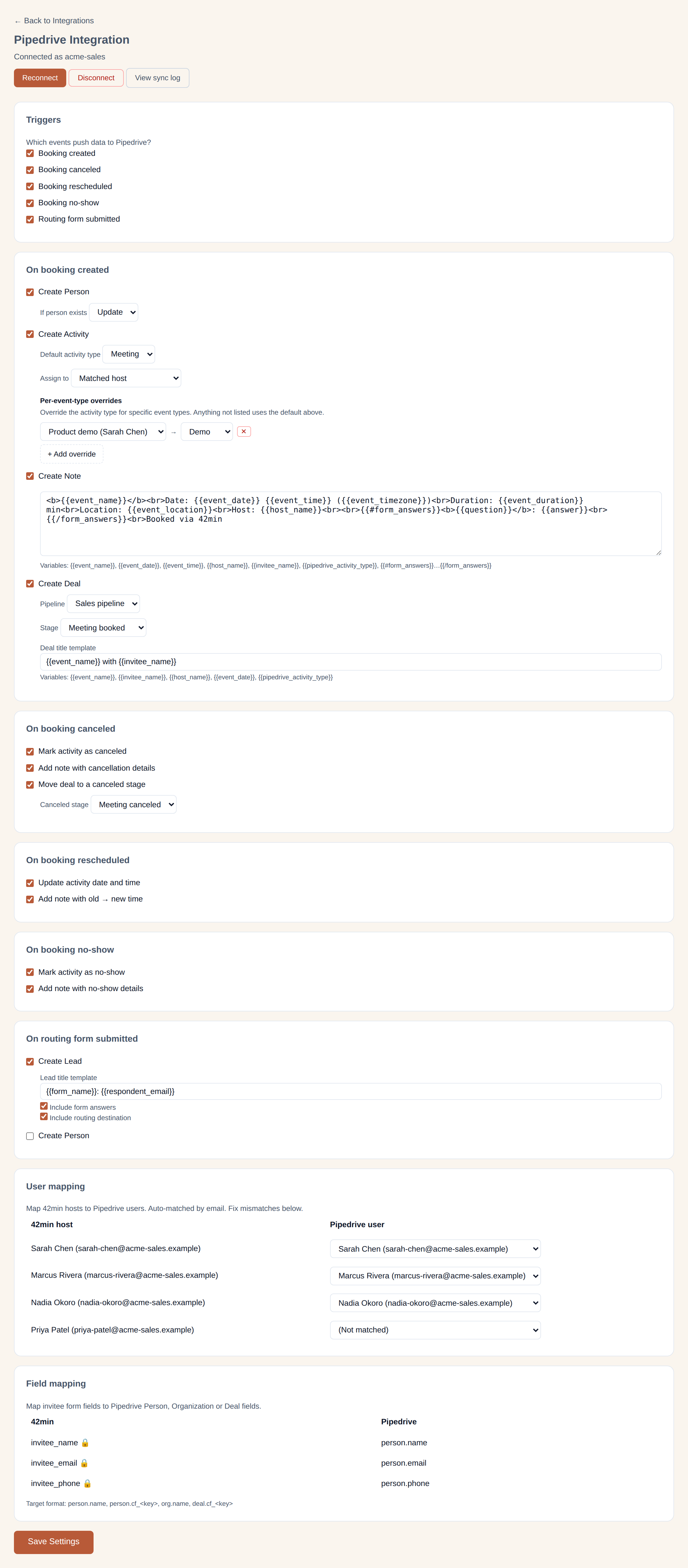 The Pipedrive Integration settings page: Reconnect, Disconnect and View sync log buttons at the top, then Triggers, On booking created, On booking canceled, On booking rescheduled, On booking no-show, On routing form submitted, User mapping and Field mapping sections, and a Save Settings button
