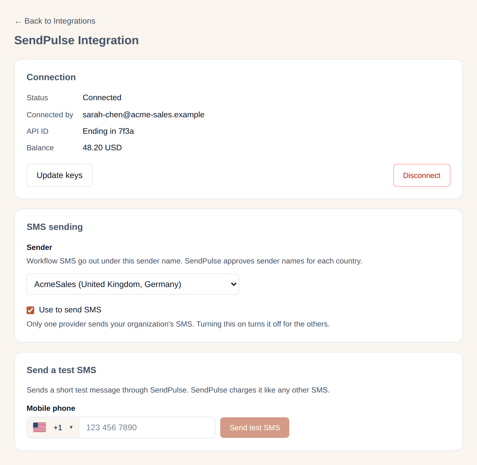 The SendPulse Integration settings page: a Connection card with status, connected by, API ID ending, balance, Update keys and Disconnect; an SMS sending card with the Sender dropdown and 'Use to send SMS'; and a 'Send a test SMS' card with a Mobile phone field