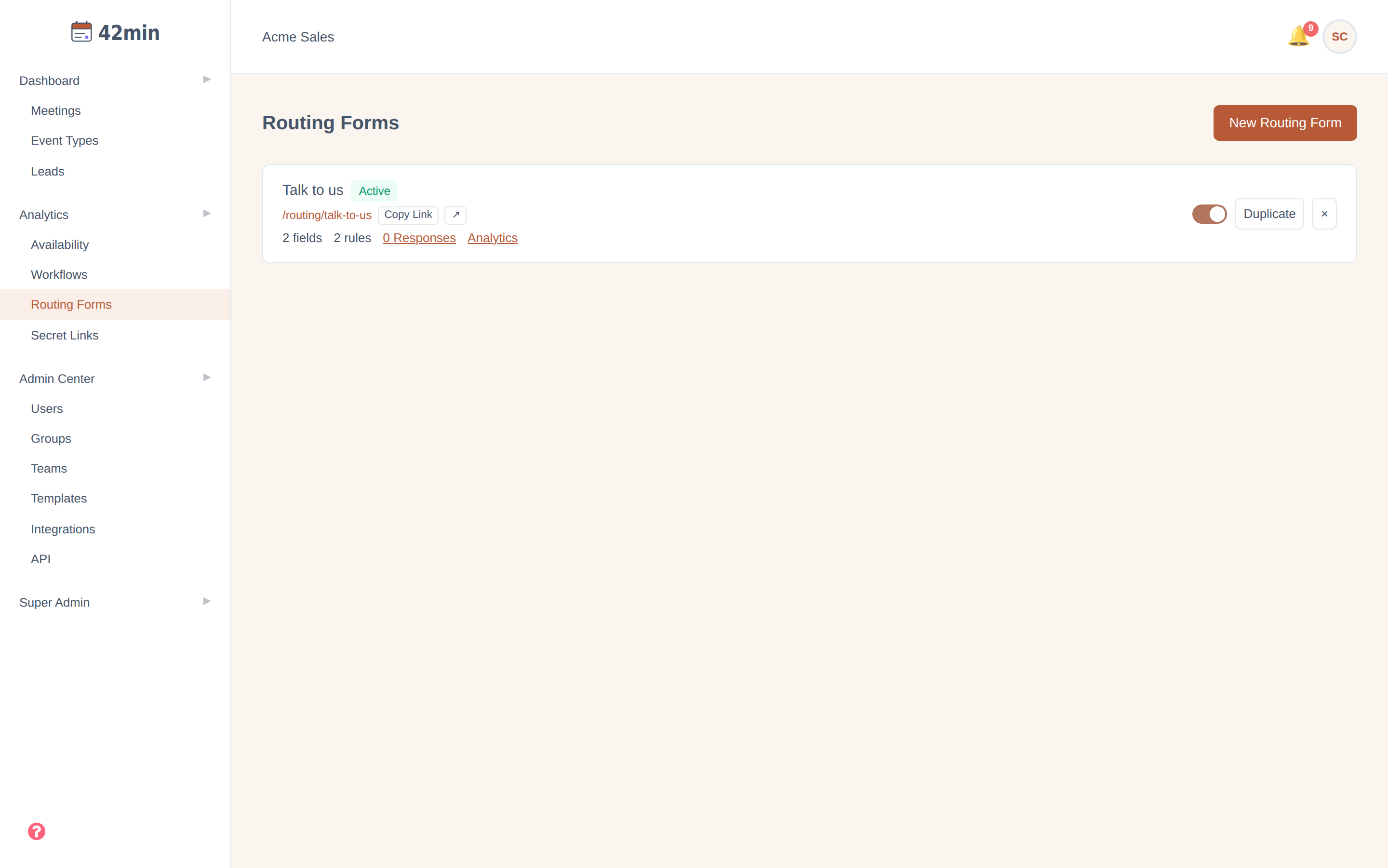 The Routing Forms page in the 42min dashboard, listing a routing form with its public link, field and rule counts, responses, and analytics