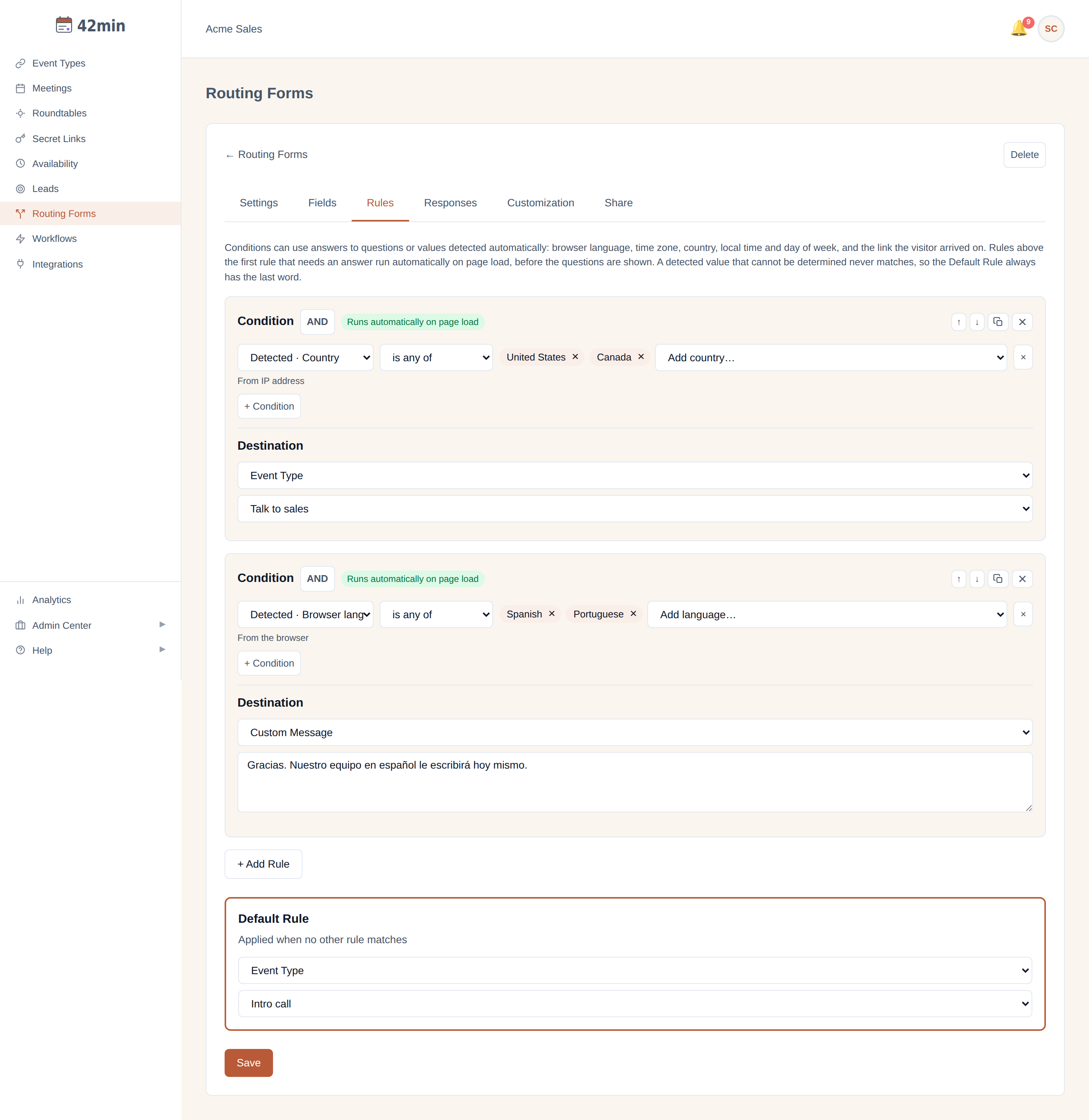 The Rules tab with two rules, each carrying the badge 'Runs automatically on page load' next to the AND/OR toggle