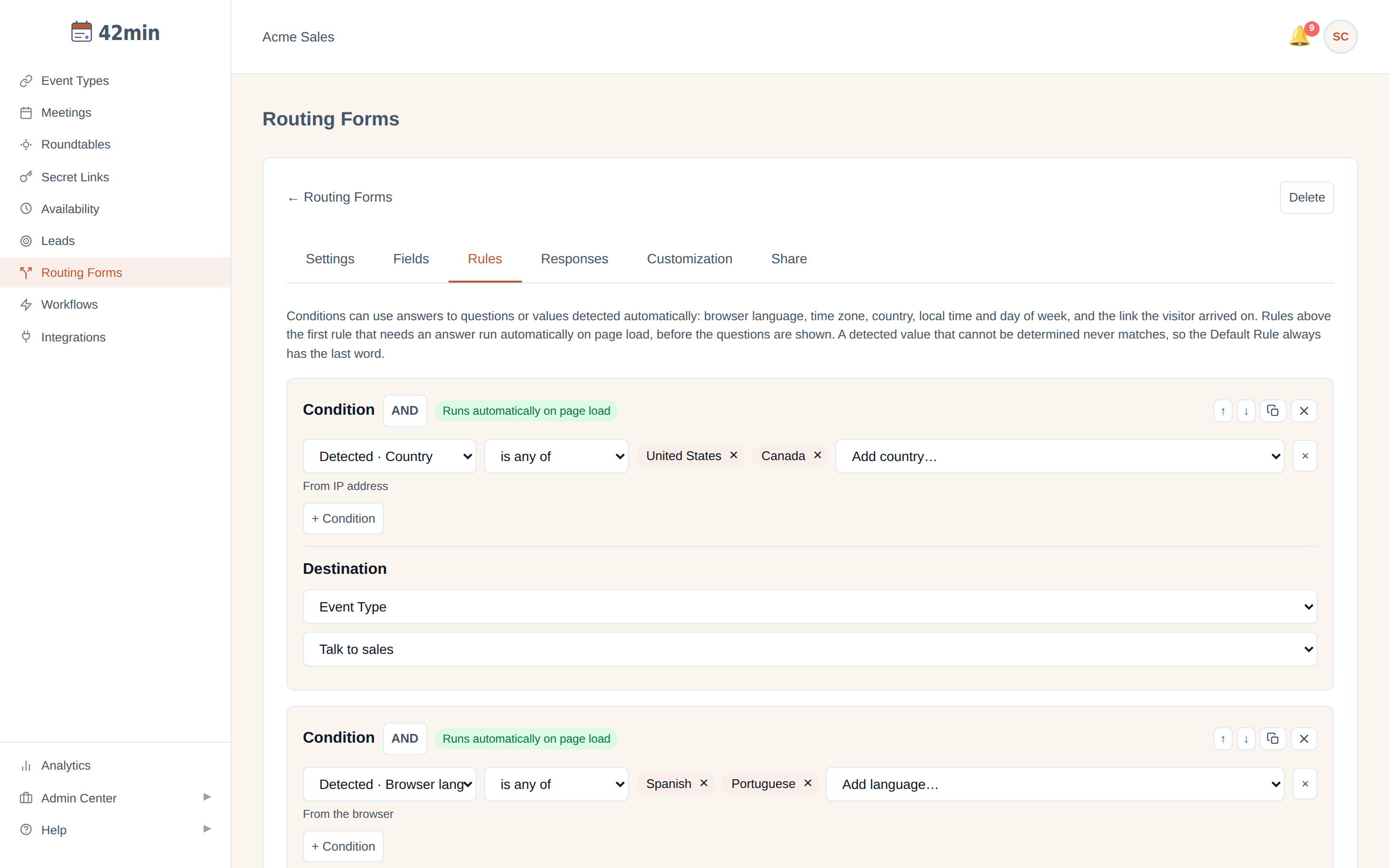 A rule condition whose source is 'Detected · Country' with the operator 'is any of' and two country chips, United States and Canada