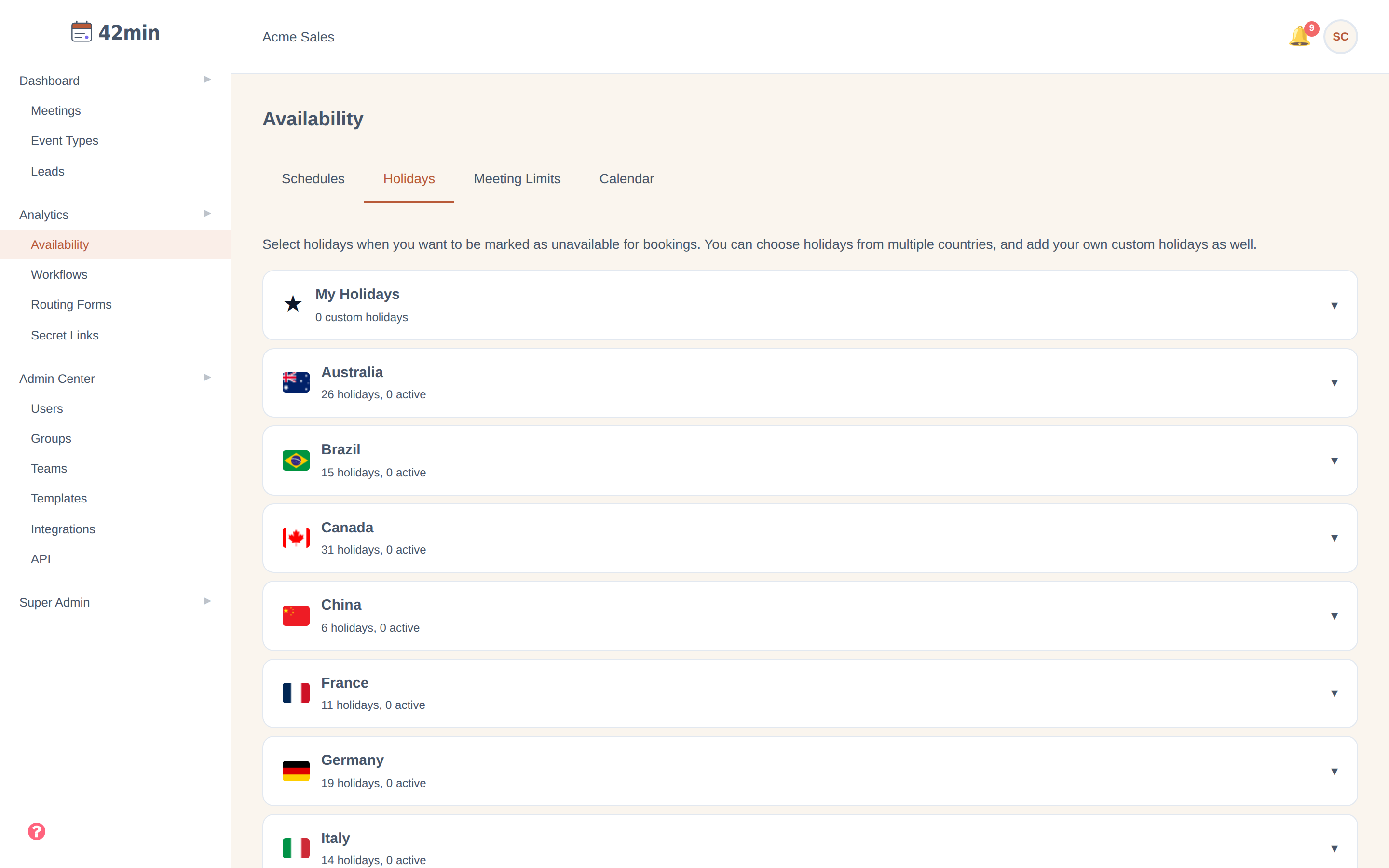 The Holidays tab of the Availability page in the 42min dashboard