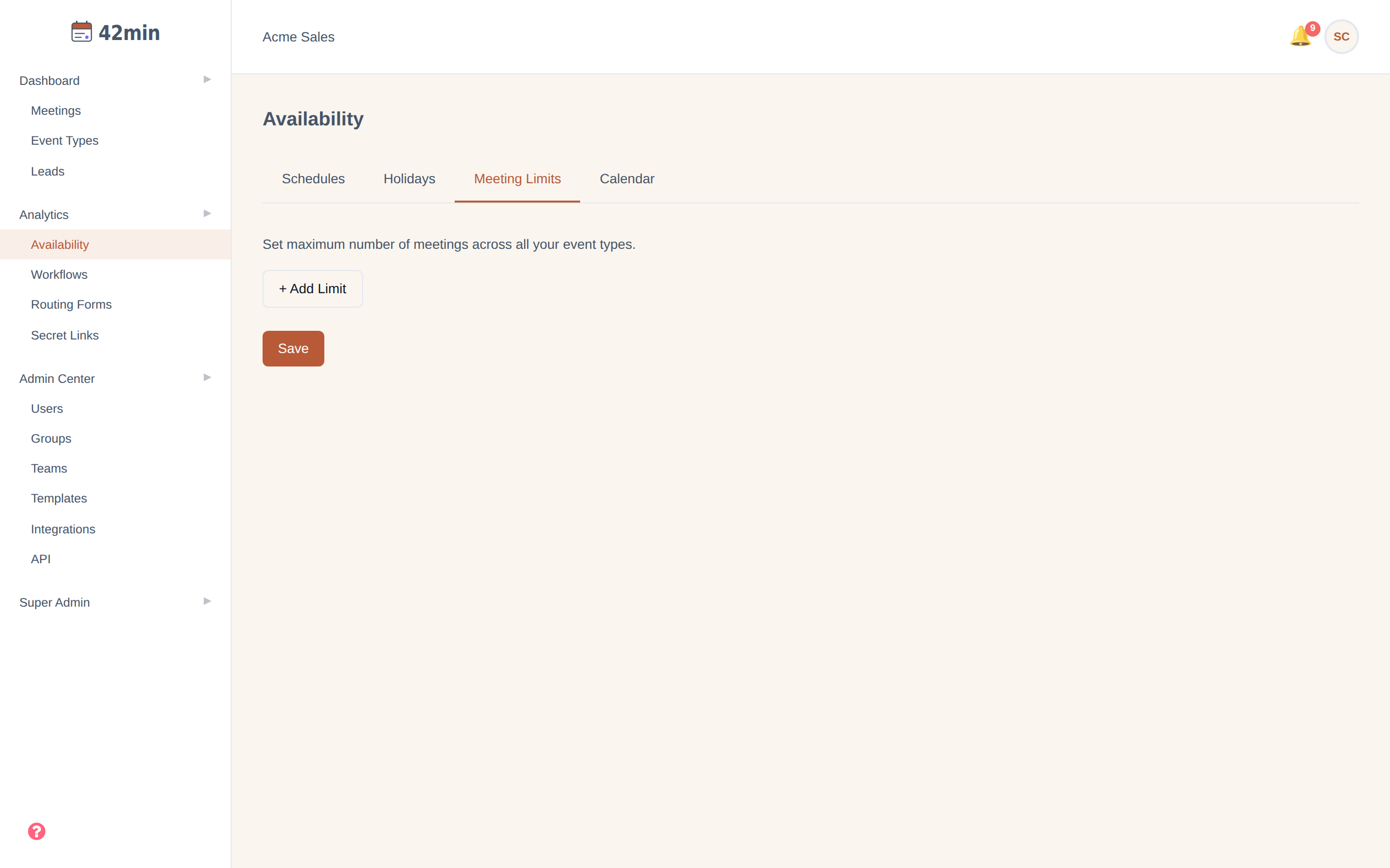 The Meeting Limits tab of the Availability page in the 42min dashboard