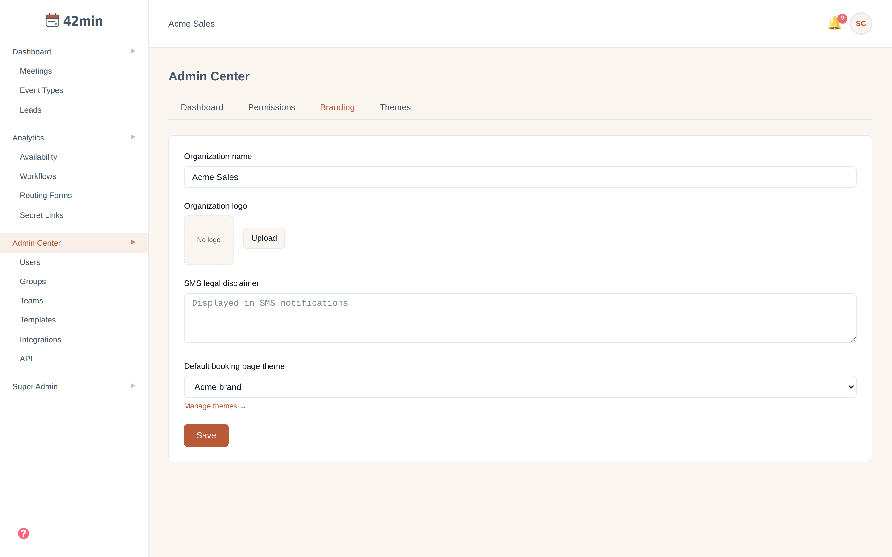 The Branding tab of the Admin Center in the 42min dashboard, with organization name, logo upload, SMS disclaimer, and default theme