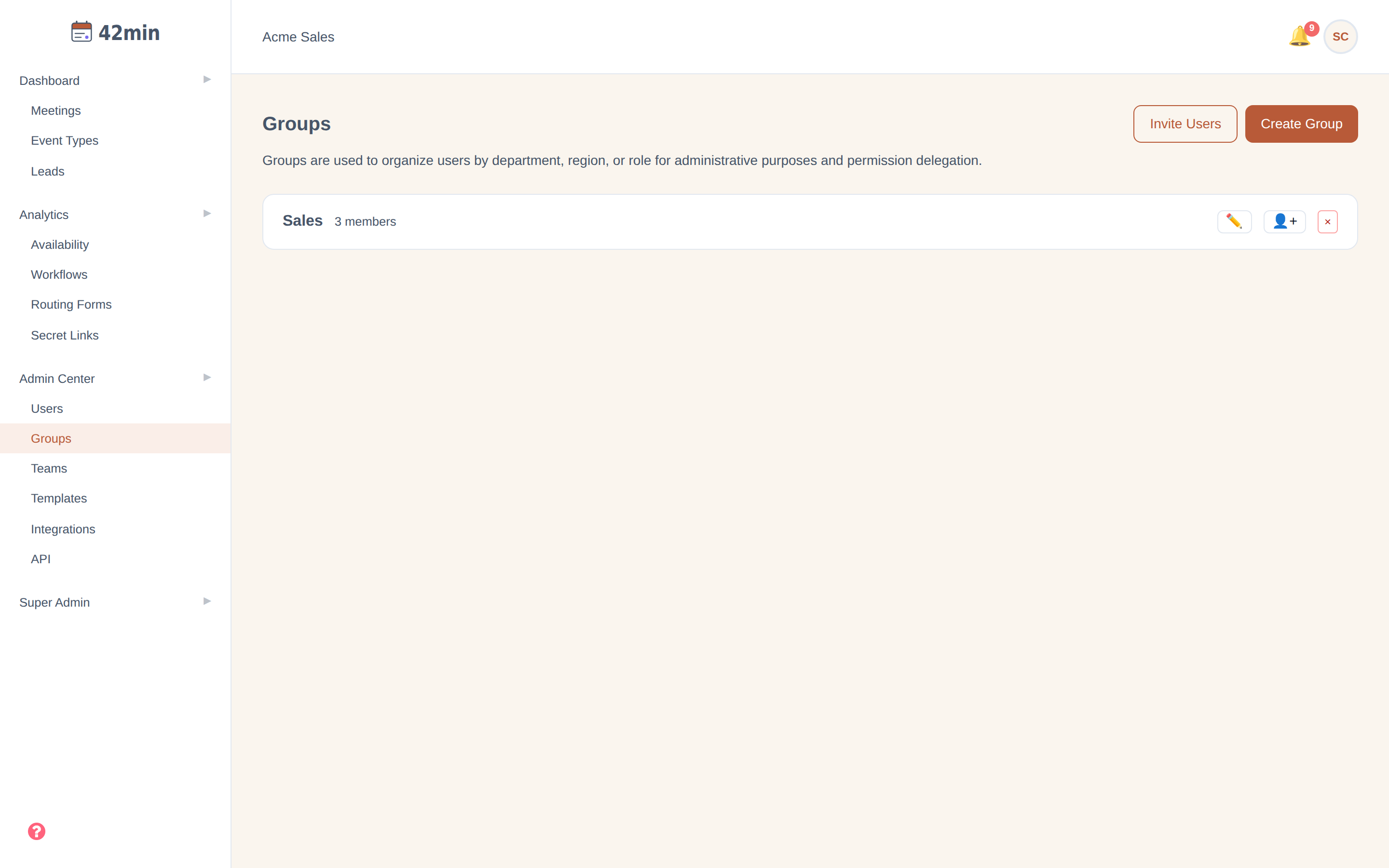 The Groups page in the 42min dashboard, listing the organization's groups and their members