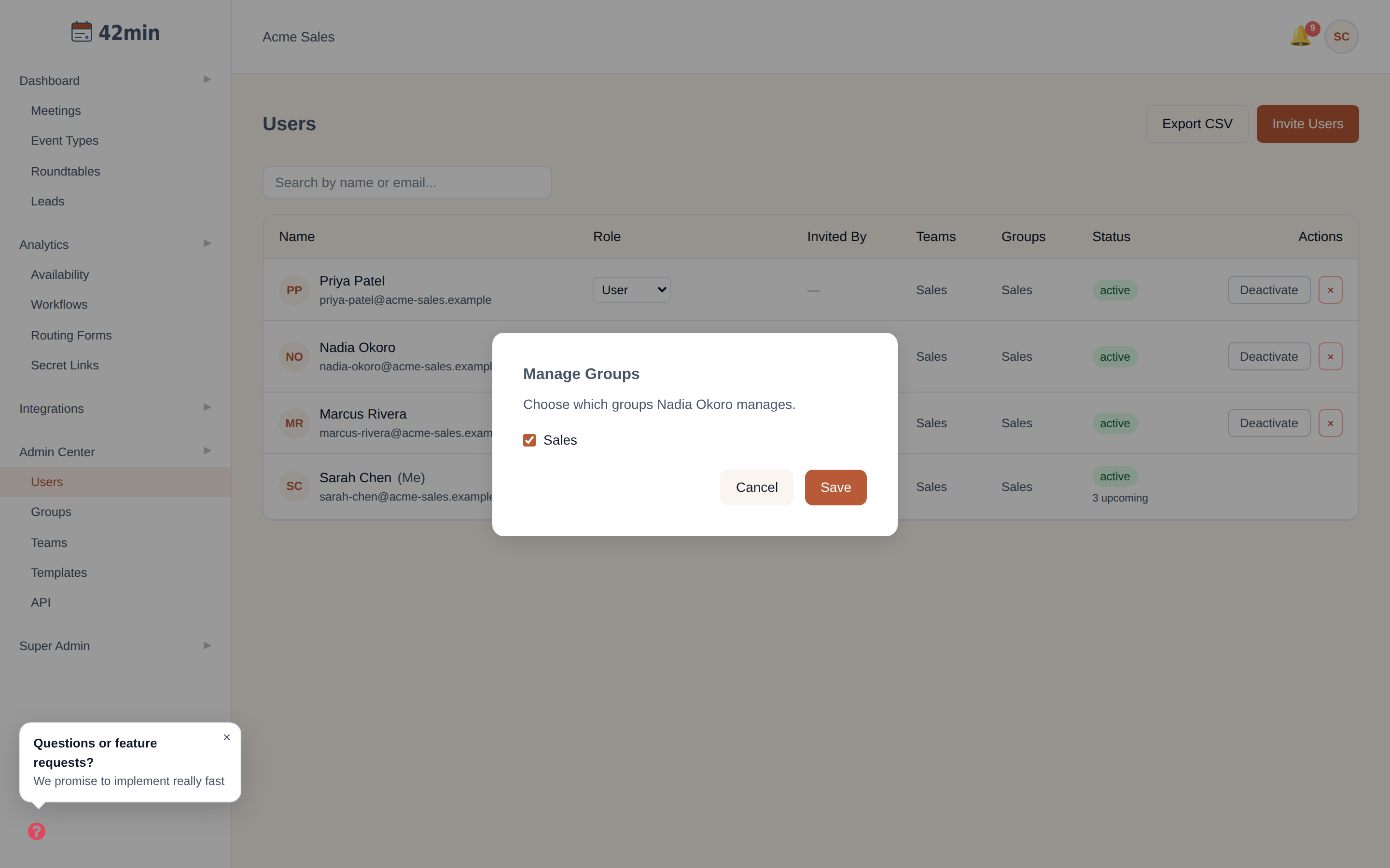 The Manage Groups dialog in the 42min dashboard, with a checklist of the organization's groups for choosing which ones a manager oversees