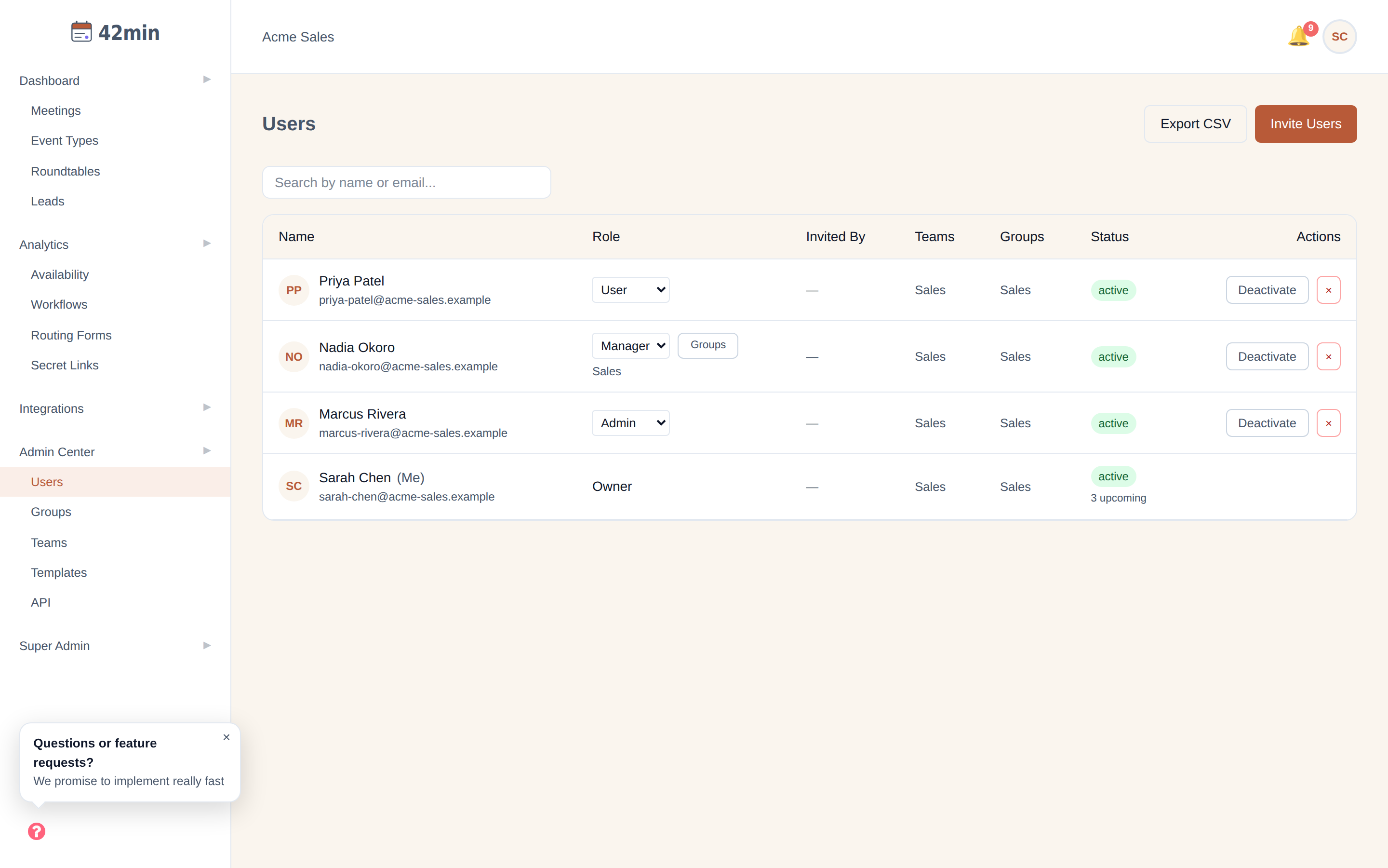 The Users page in the 42min dashboard showing a member with the Manager role, a Groups button, and the groups they manage listed underneath