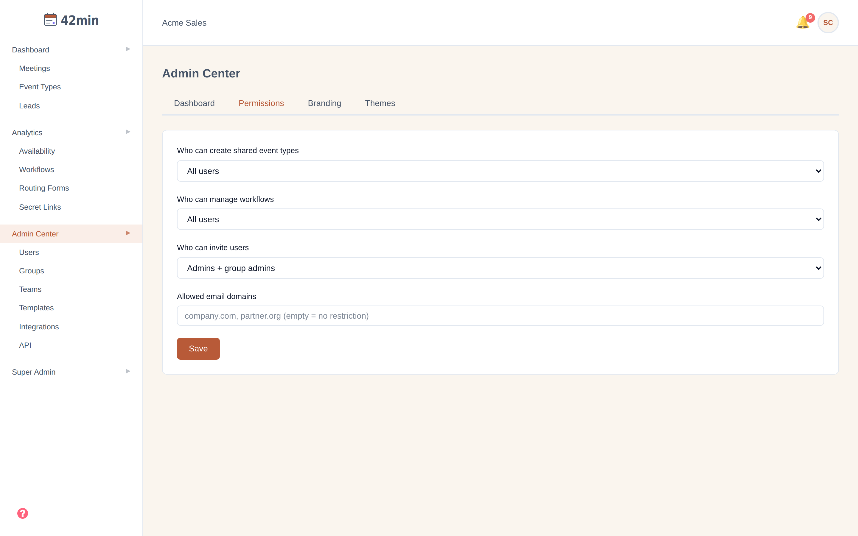 The Permissions tab of the Admin Center in the 42min dashboard
