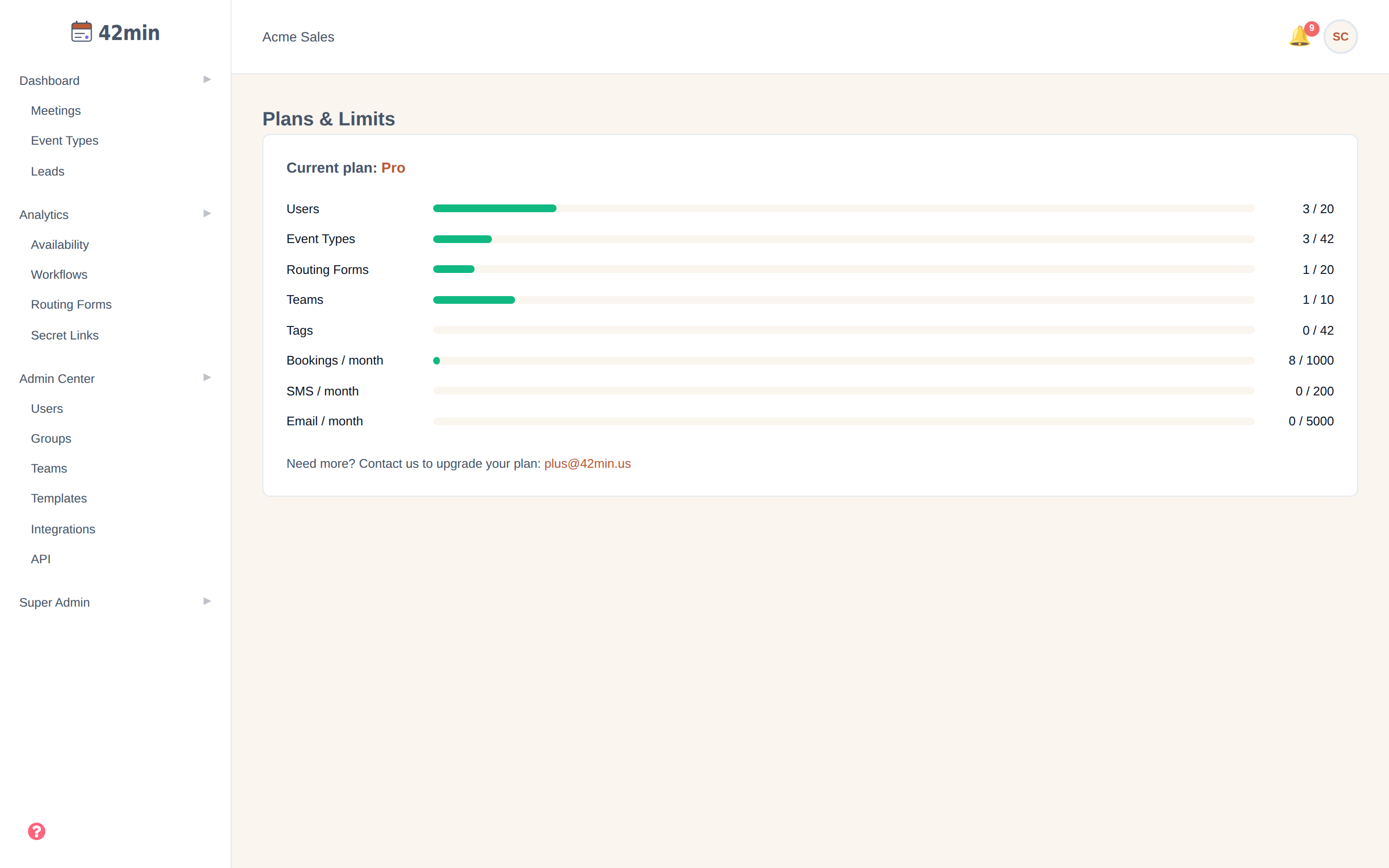 The Plans page in the 42min dashboard, showing the organization's current plan and its limits