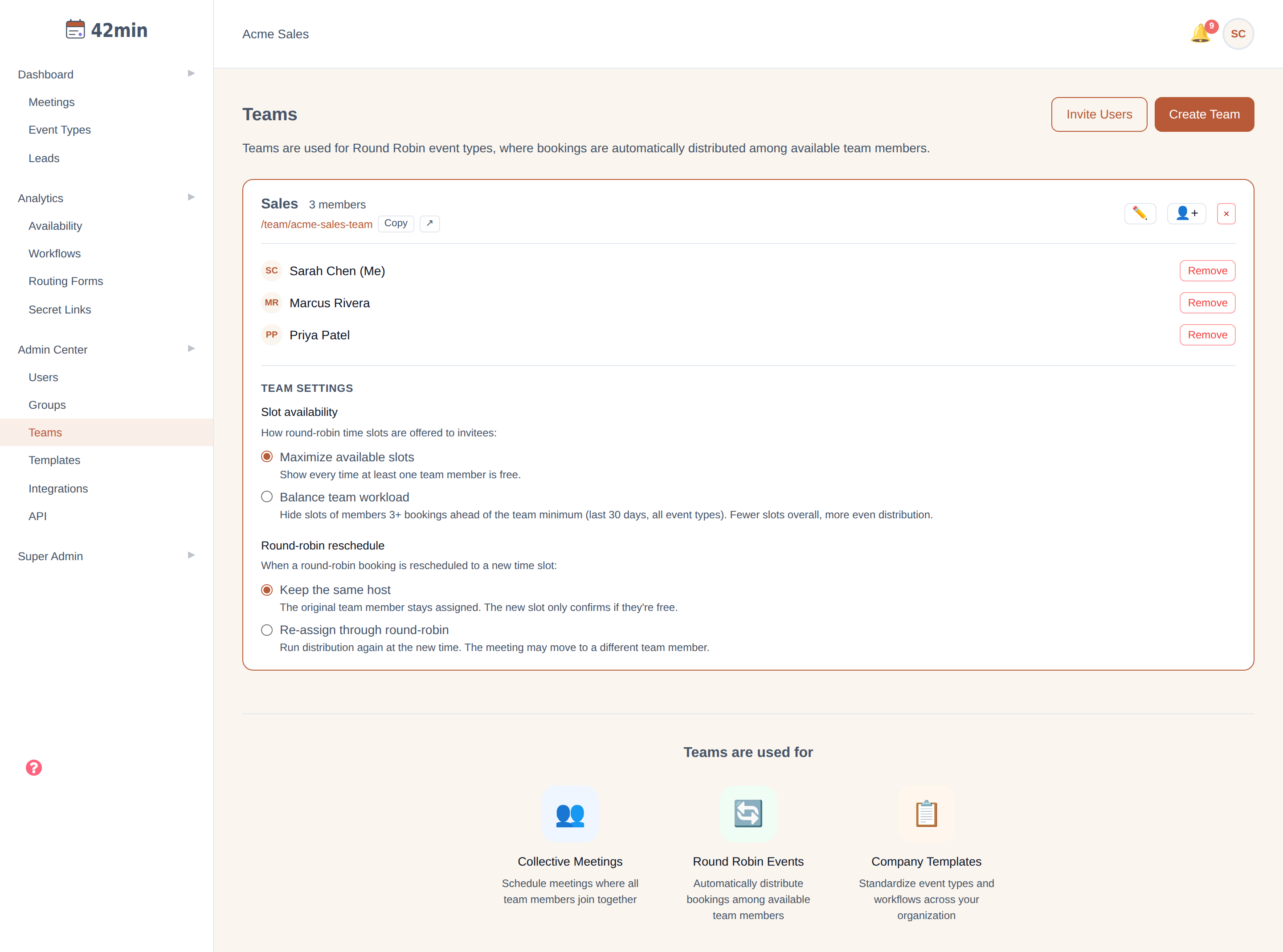 The Teams page in the 42min dashboard with a team expanded, showing its members and the TEAM SETTINGS section: Slot availability (Maximize available slots / Balance team workload) and Round-robin reschedule (Keep the same host / Re-assign through round-robin)