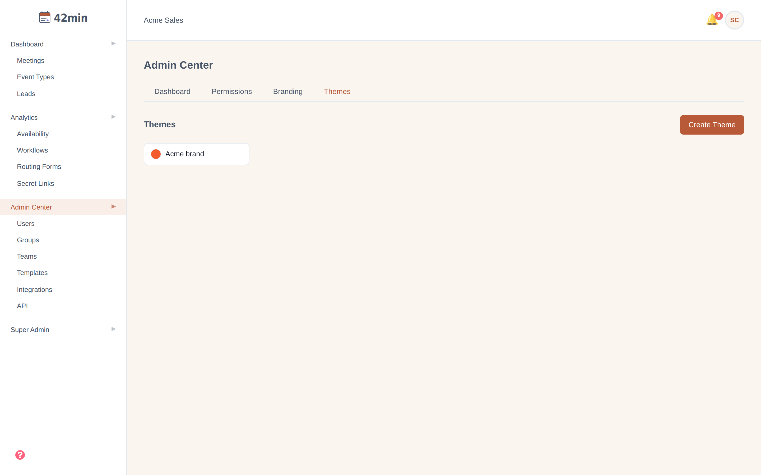 The Themes tab of the Admin Center in the 42min dashboard, listing custom themes with their color sets