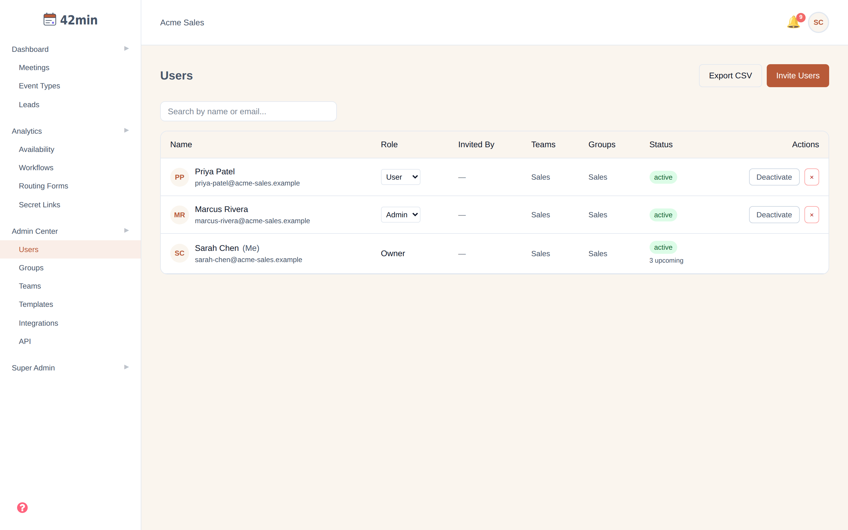 The Users page in the 42min dashboard, listing the organization's members with their roles and status
