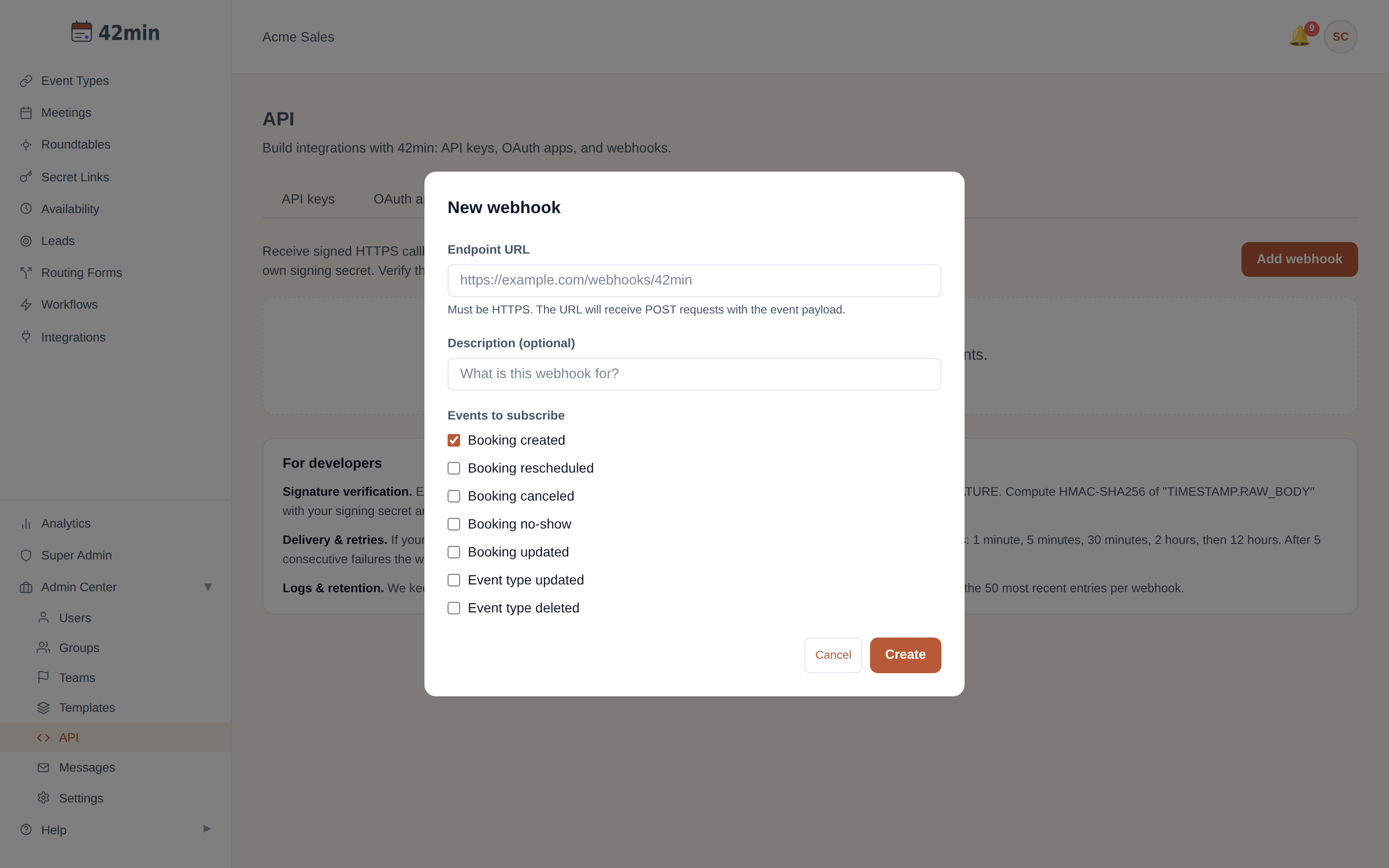The New webhook panel in 42min's Admin Center: an HTTPS endpoint URL field, an optional description, checkboxes for the seven events, and a Create button