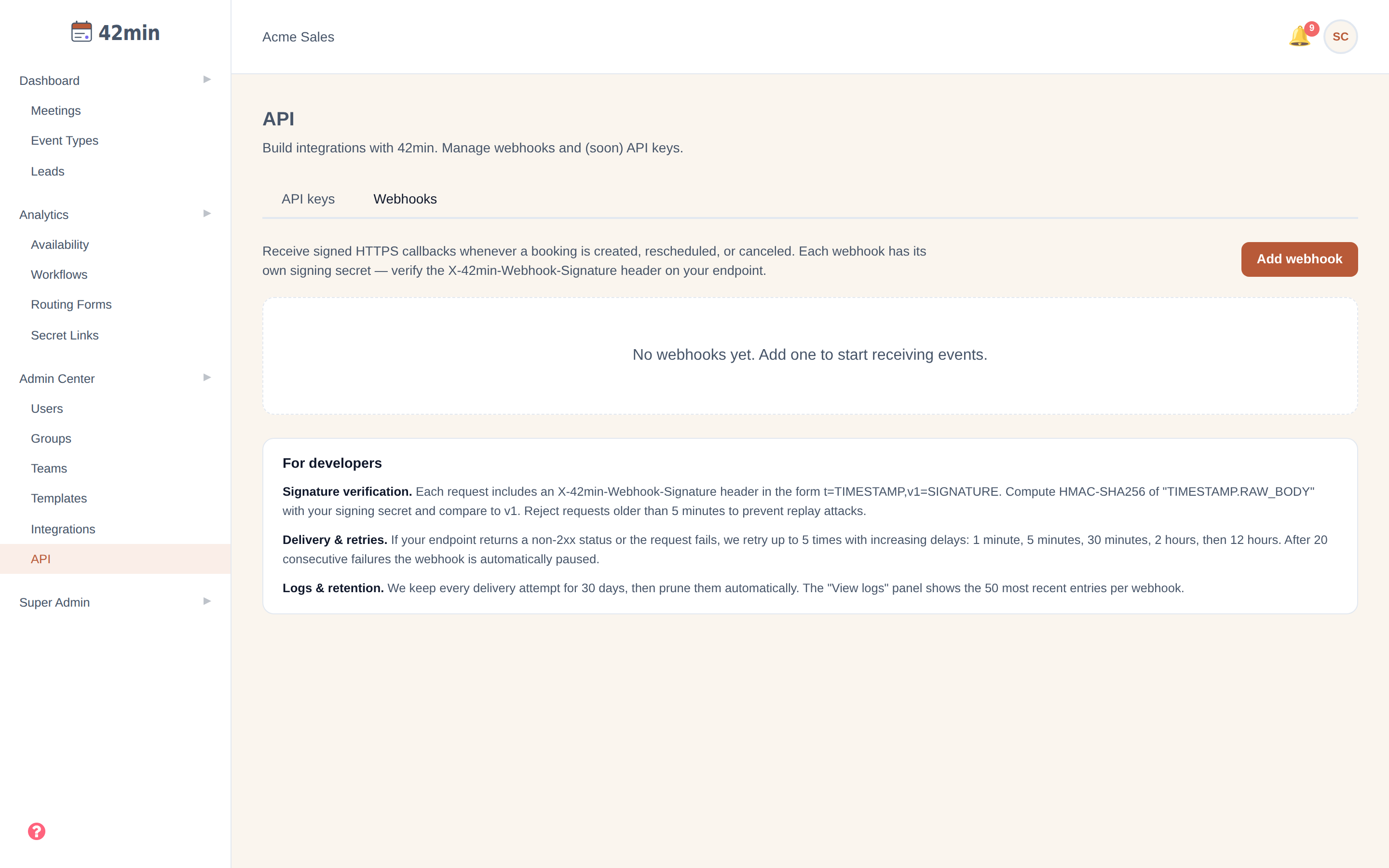 The Webhooks tab of the 42min API page: an explanation of signed HTTPS callbacks, an 'Add webhook' button, an empty state ('No webhooks yet'), and a 'For developers' section covering signature verification, delivery & retries, and log retention