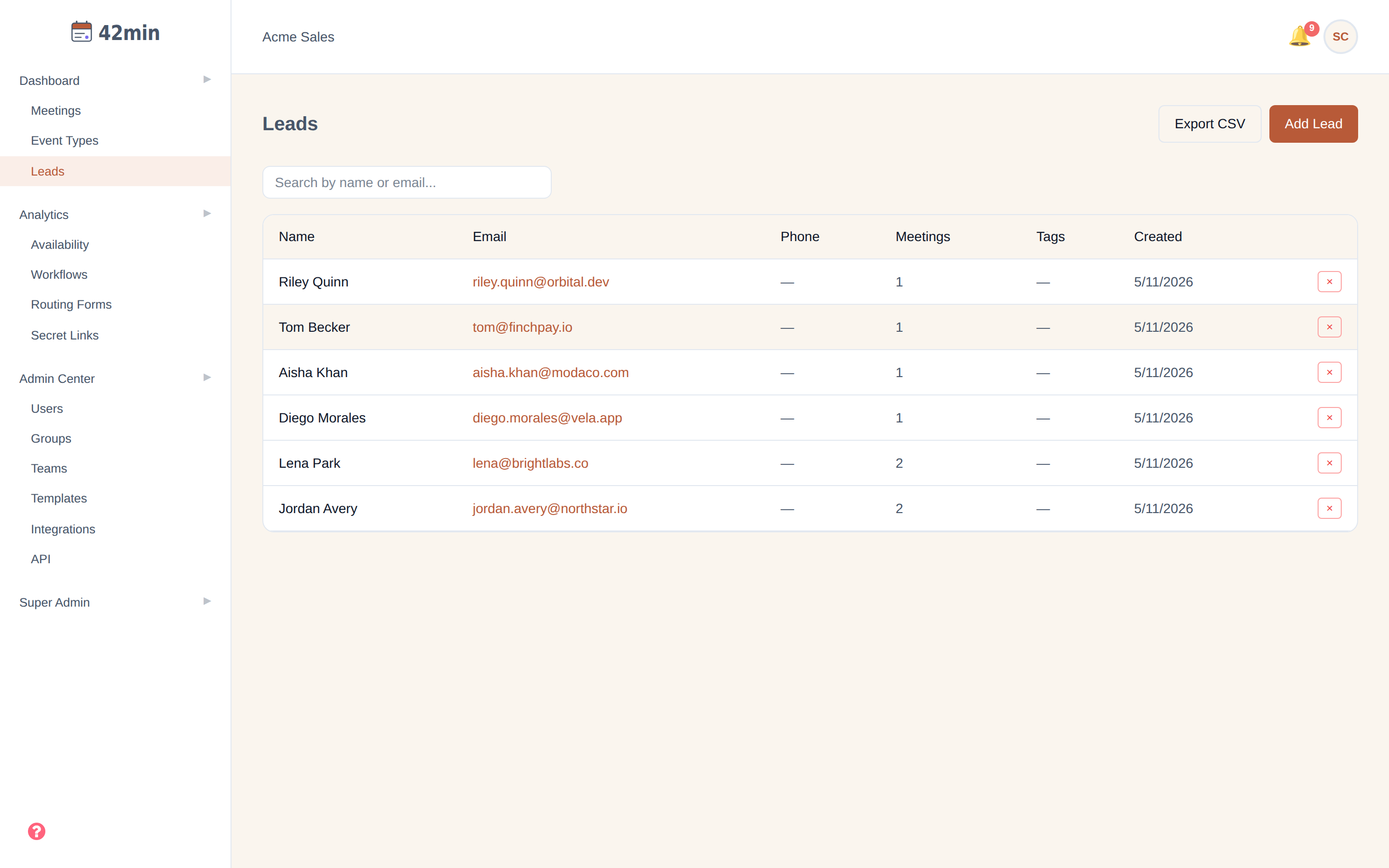 The 42min Leads page: an 'Export CSV' and 'Add Lead' button, a 'Search by name or email...' box, and a table of contacts with columns Name, Email, Phone, Meetings, Tags, Created