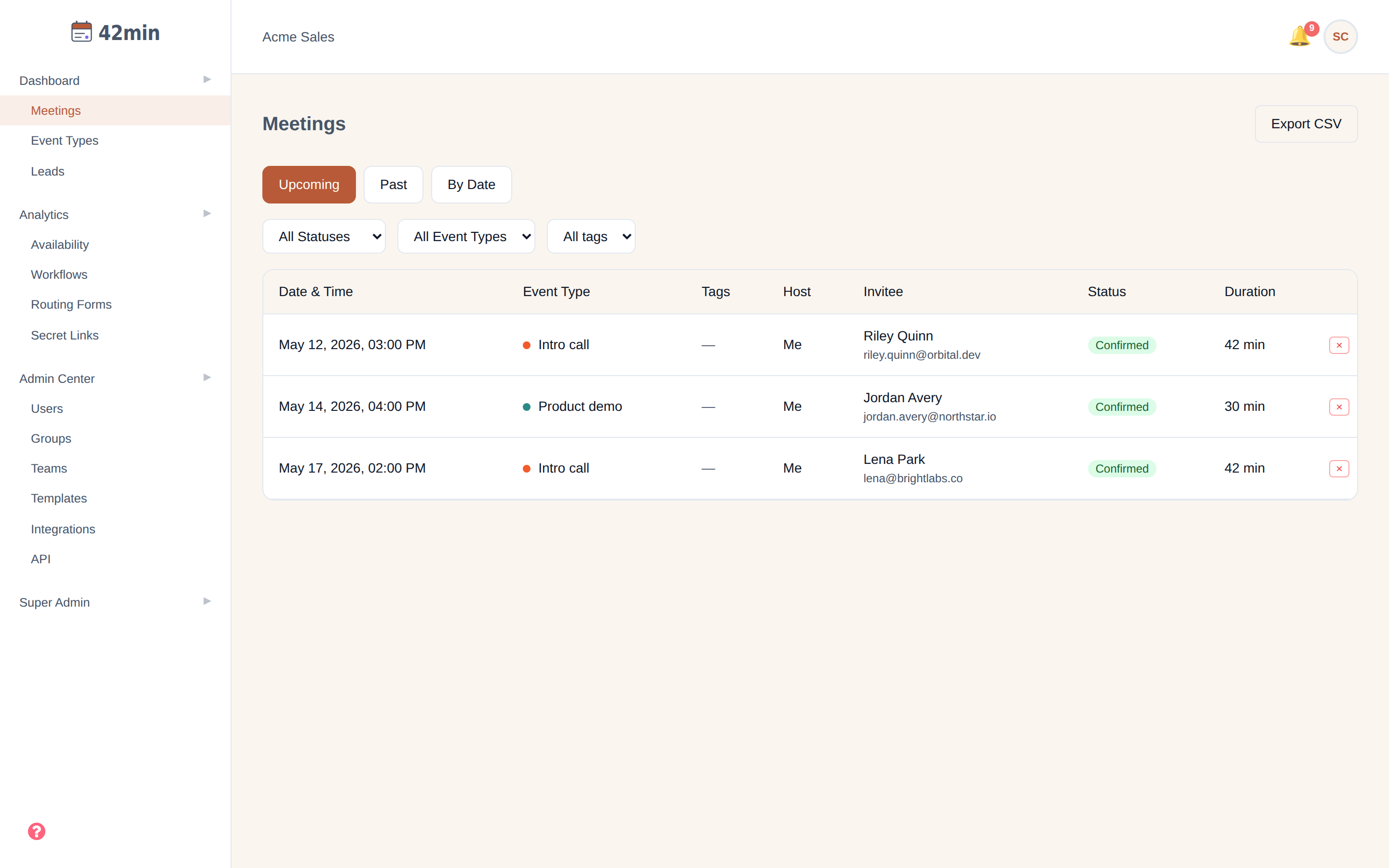 The 42min Meetings page: 'Upcoming / Past / By Date' tabs, 'All Statuses / All Event Types / All tags' filter dropdowns, an 'Export CSV' button, and a table of bookings with columns Date & Time, Event Type, Tags, Host, Invitee, Status, Duration