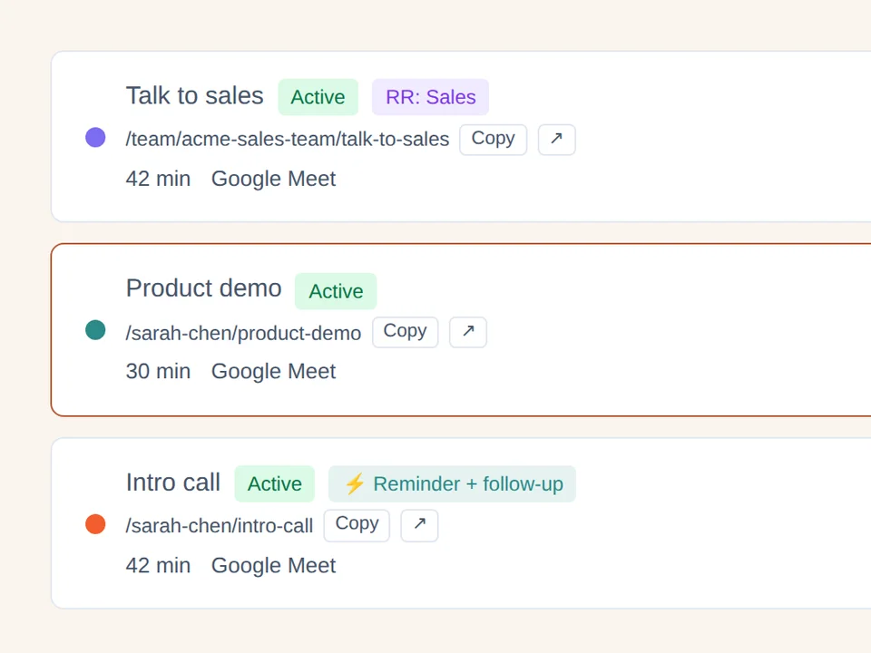 42min Event Types list: Talk to sales, Product demo and Intro call, each with its own link, duration and Google Meet location