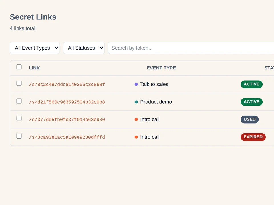 42min Secret Links table: four one-time booking links with their event type and an Active, Used or Expired status
