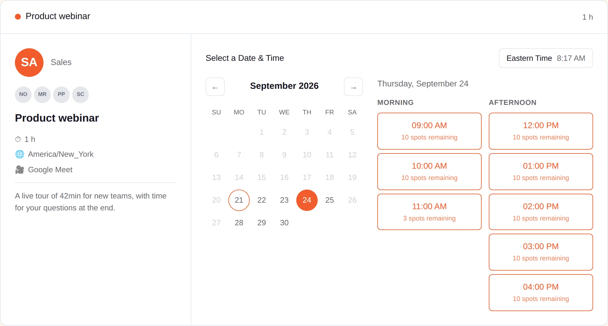 The 42min booking page of a Group + Round Robin event, Product webinar, hosted by a four-person Sales team. Thursday, September 24 is selected, and every hour shows 10 spots remaining except 11:00 AM, which shows 3 spots remaining.