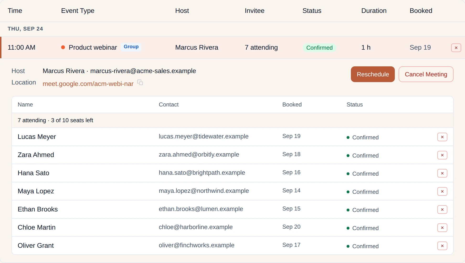 The same 11:00 AM session in the 42min Meetings list, expanded: host Marcus Rivera, a Google Meet link, 7 attending and 3 of 10 seats left, and the seven invitees with the day each one booked