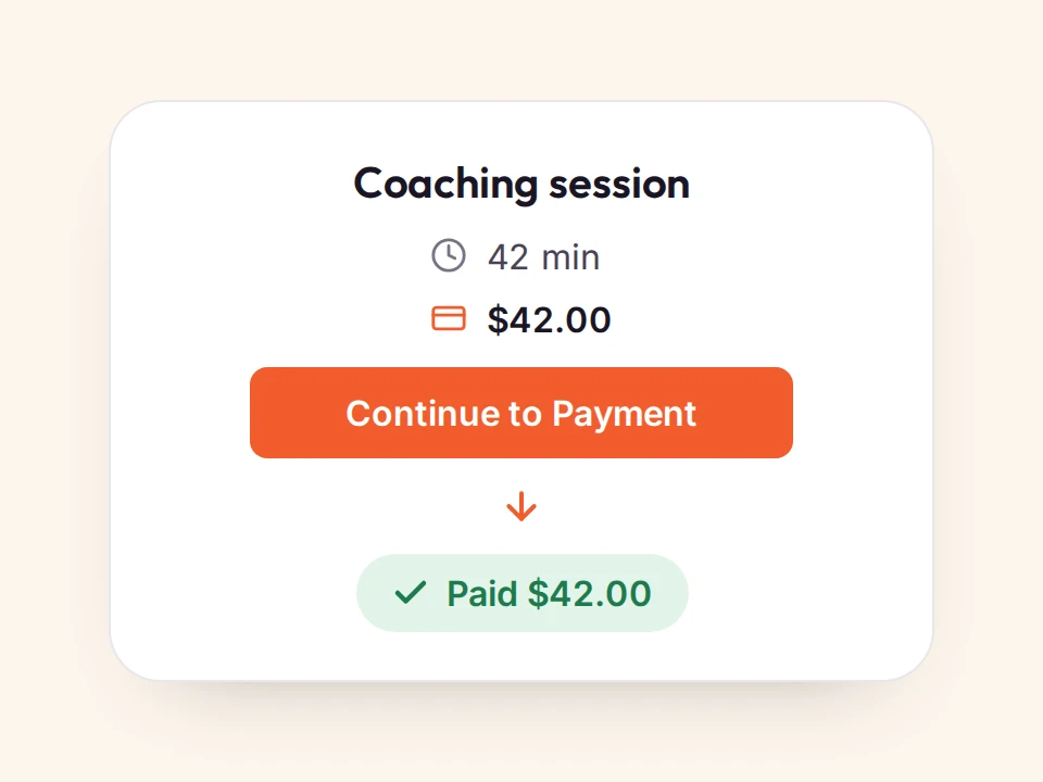 Paid booking: a 42-minute Coaching session priced at $42.00, its Continue to Payment button, and the Paid $42.00 that follows