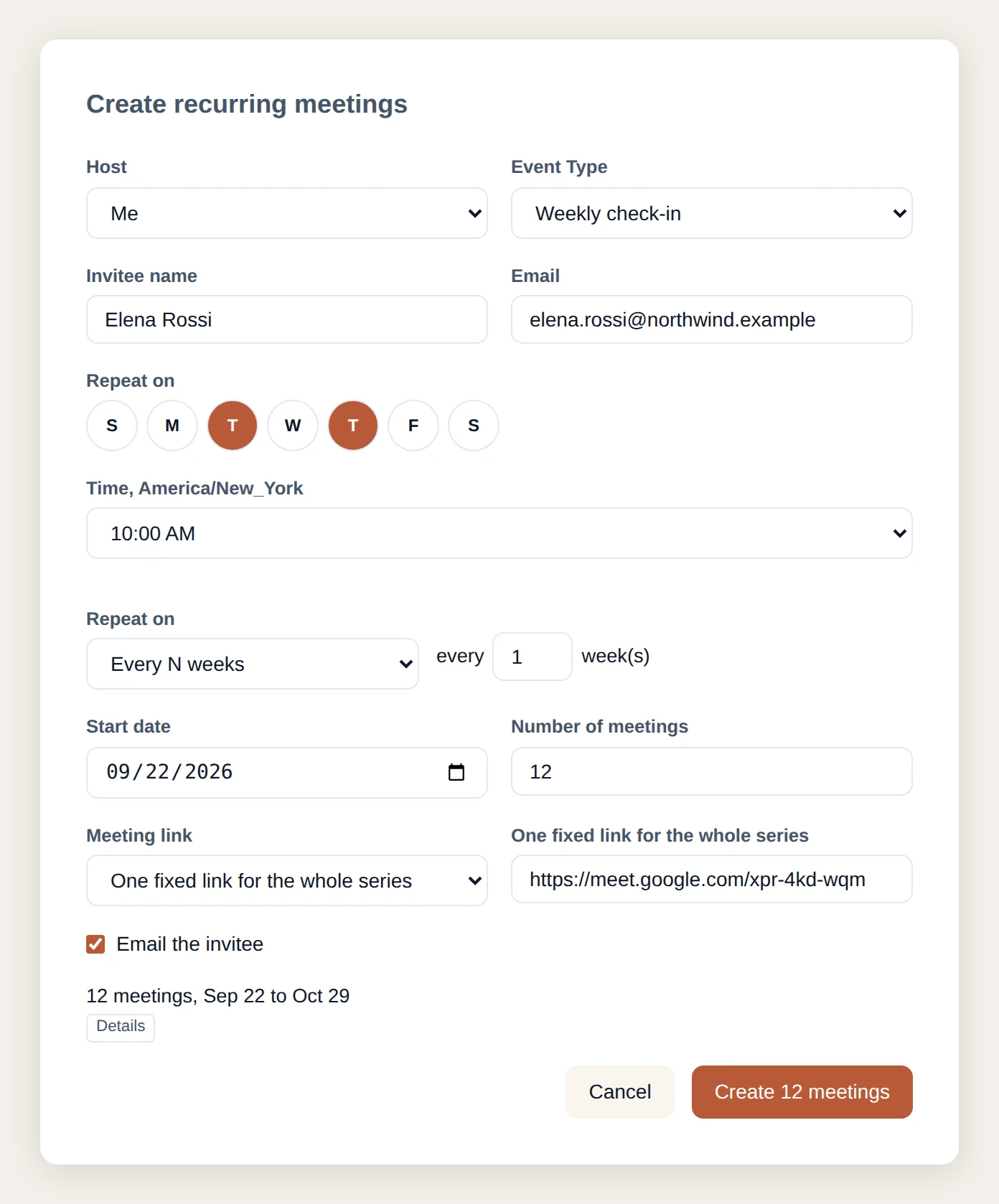 The Create recurring meetings panel in 42min, filled in for a Weekly check-in with Elena Rossi on Tuesdays and Thursdays at 10:00 AM, starting September 22 for 12 meetings, with one fixed Google Meet link and a preview of 12 meetings from Sep 22 to Oct 29