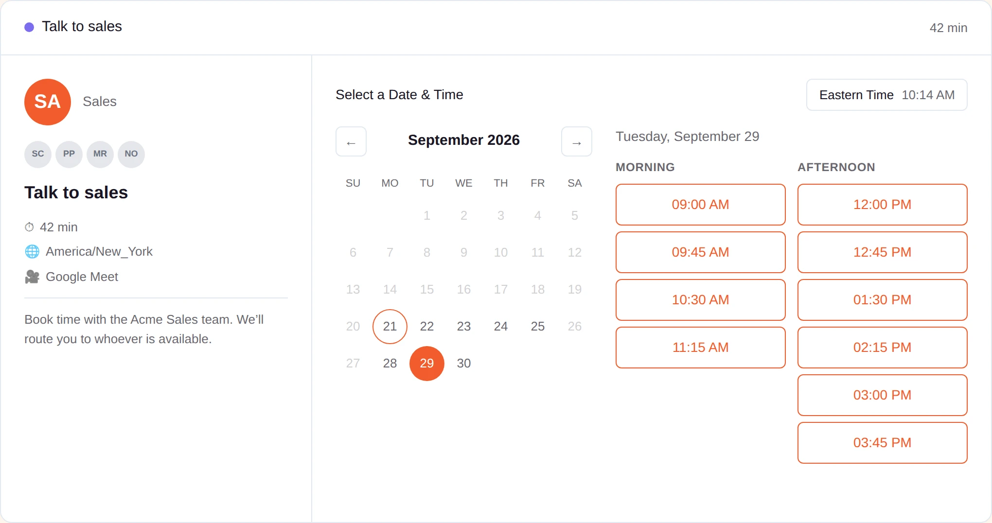 The 42min booking page of Talk to sales, the round-robin event of a four-person Sales team. Tuesday, September 29 is selected and lists ten times from 09:00 AM to 03:45 PM, 10:30 AM among them.
