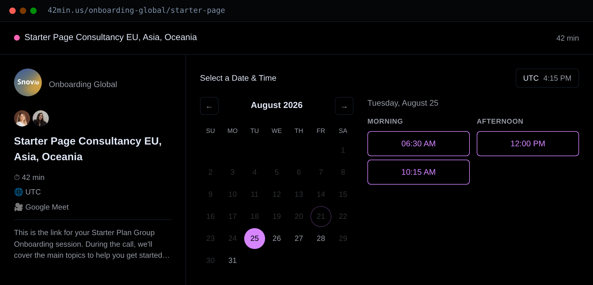 A 42min booking page: event details, a date picker, and morning and afternoon time slots