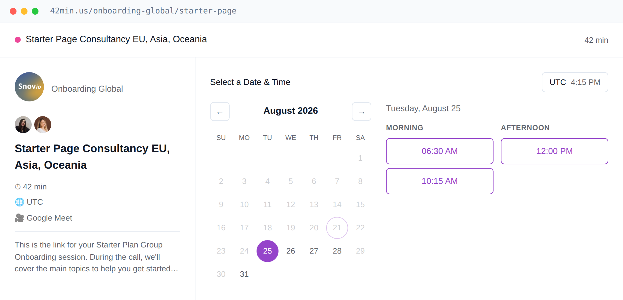 A 42min booking page: event details, a date picker, and morning and afternoon time slots